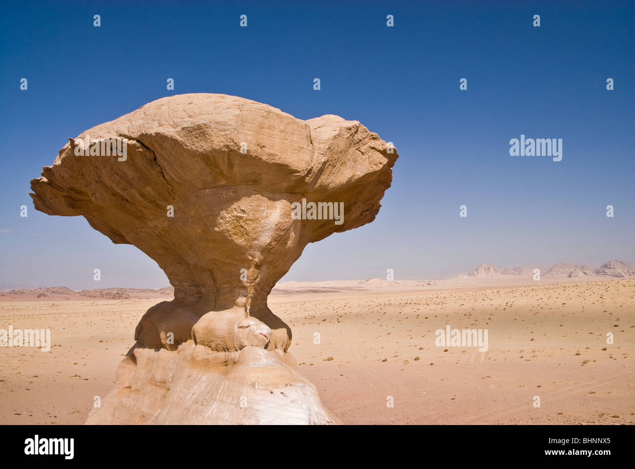 Mushroom rock, desert landscape, Wadi Rum, Jordan, Asia. Stock Photo