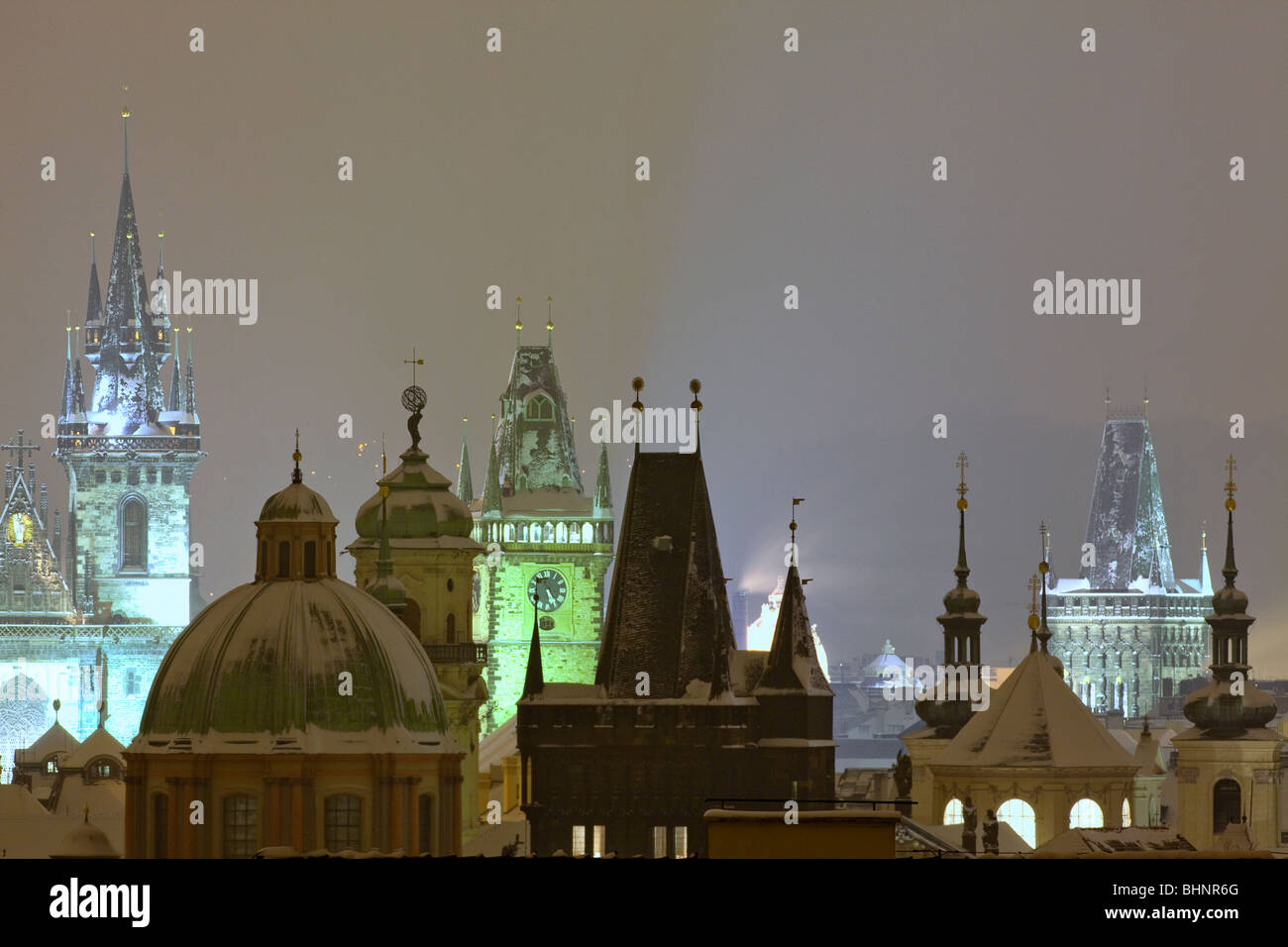 prague - spires of the old town during heavy snowfall Stock Photo