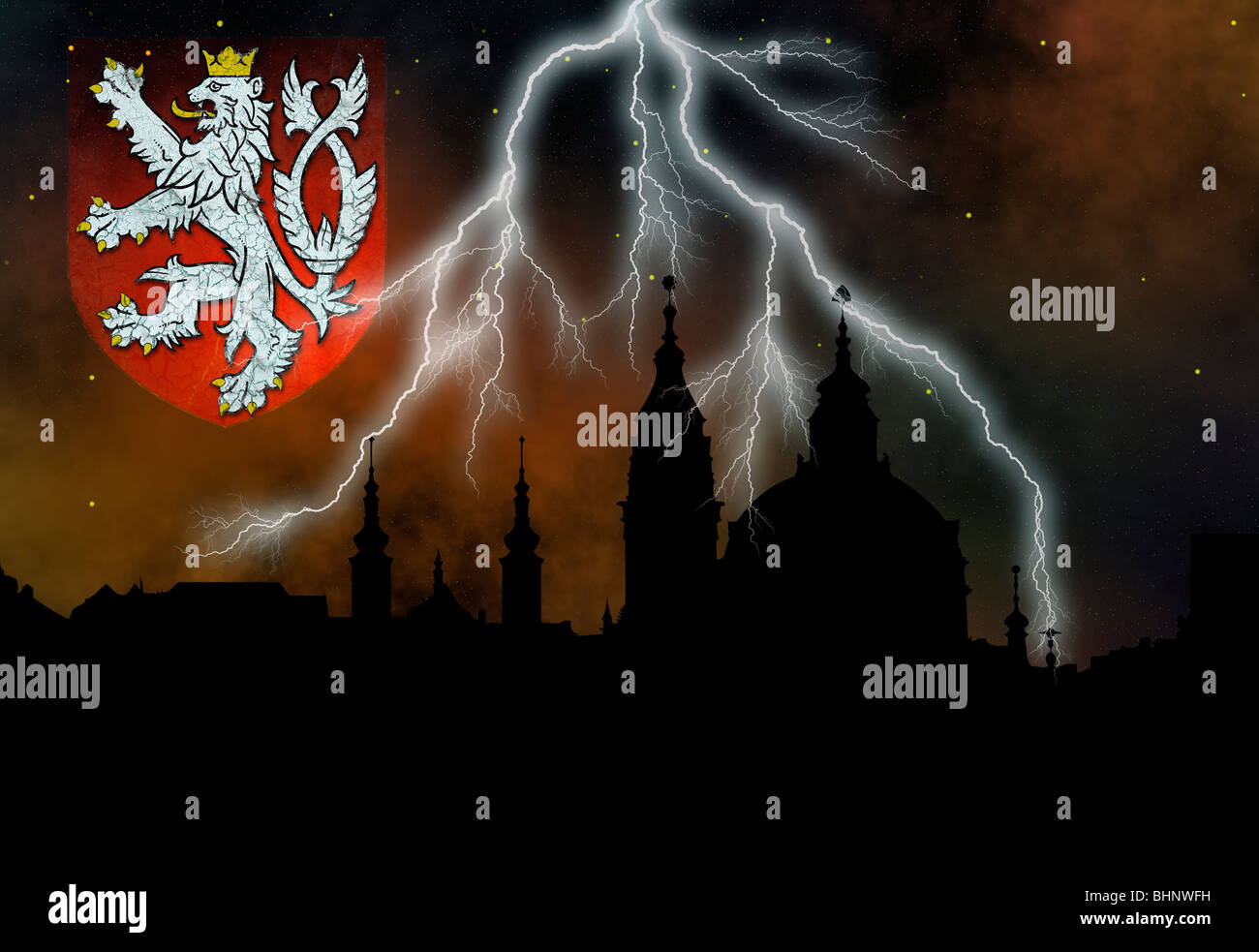 Outline of the St Nikolas church with national emblem of arms at stormy night Stock Photo