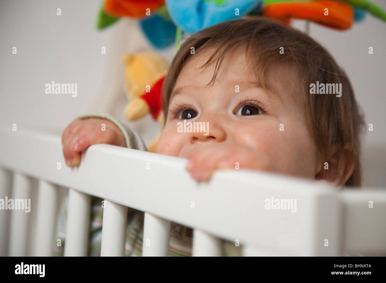 Baby leaning out of his cot Stock Photo