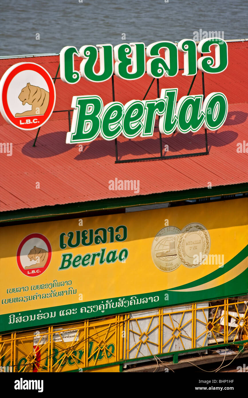 Restaurant on the Mekong river at Thakek in southern Laos. Stock Photo