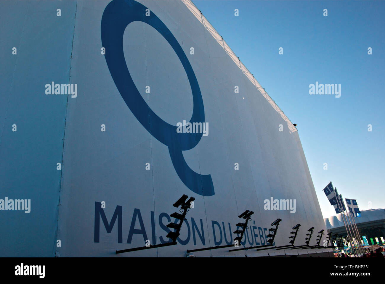 Quebec House fabric projection perimeter screen wall at 2010 Vancouver Winter Olympics entertainment zone Stock Photo