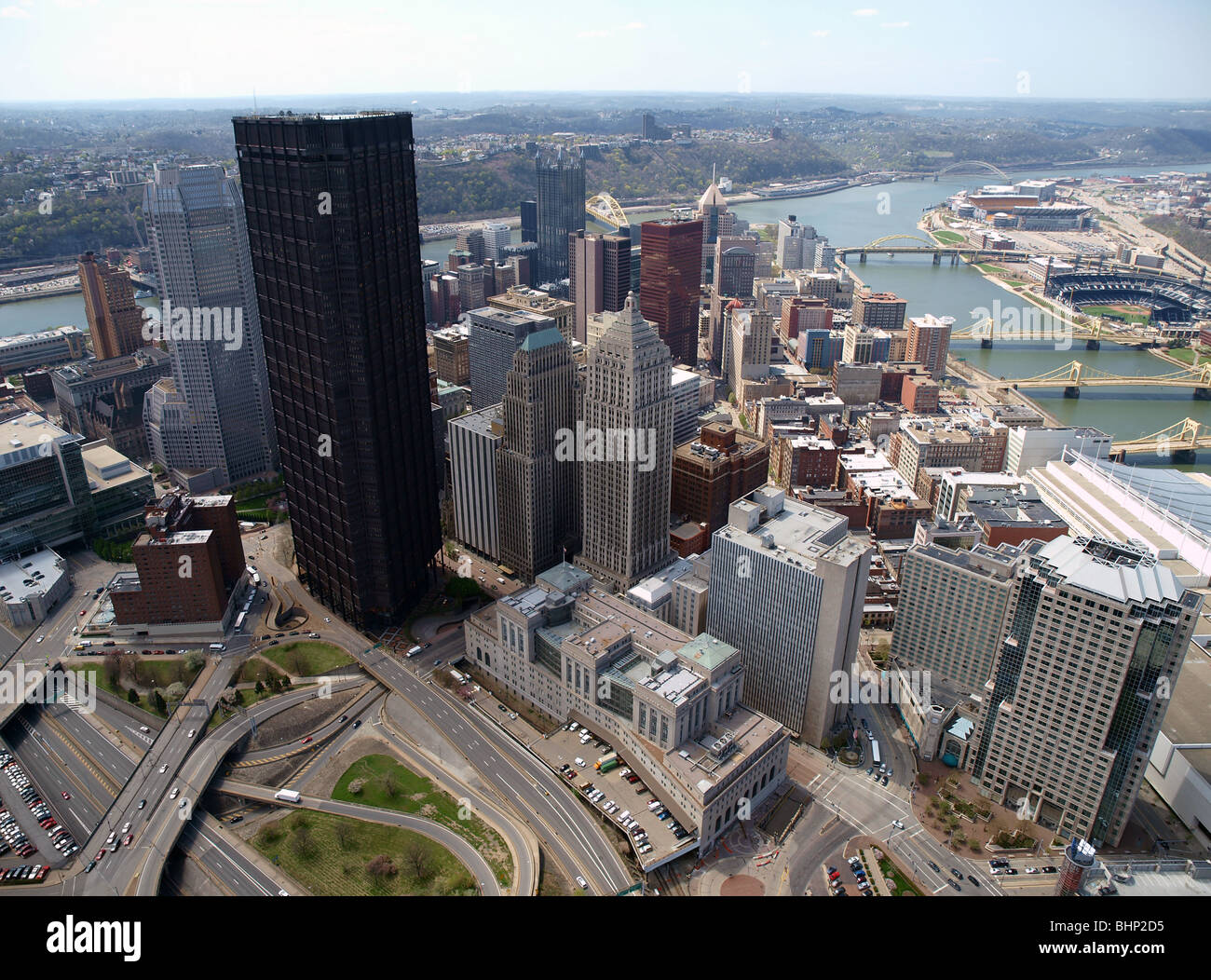Downtown Pittsburgh Pennsylvania aerial on bright sunny day. Stock Photo