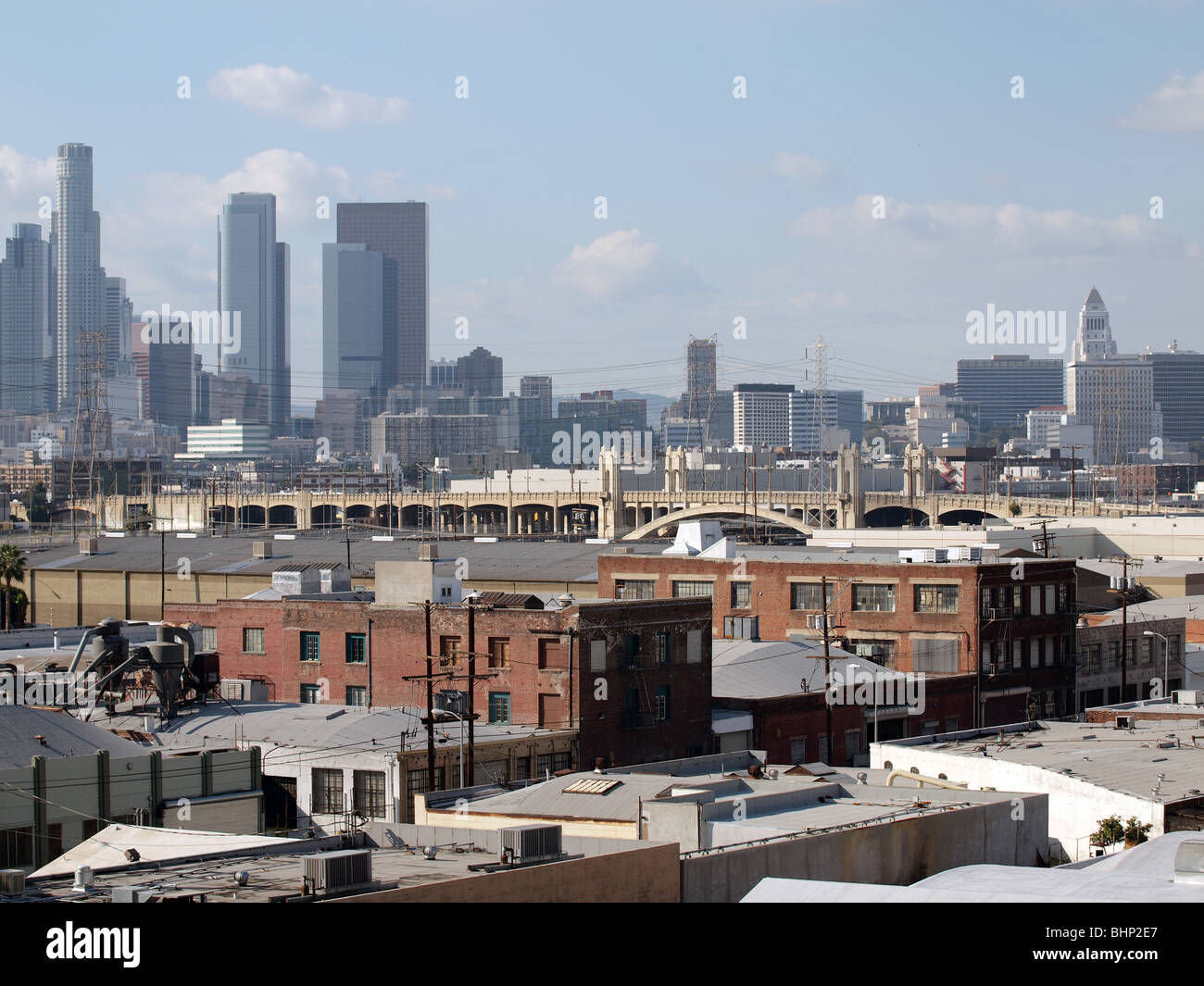 Los Angeles industrial east side with glass tower backdrop Stock Photo ...