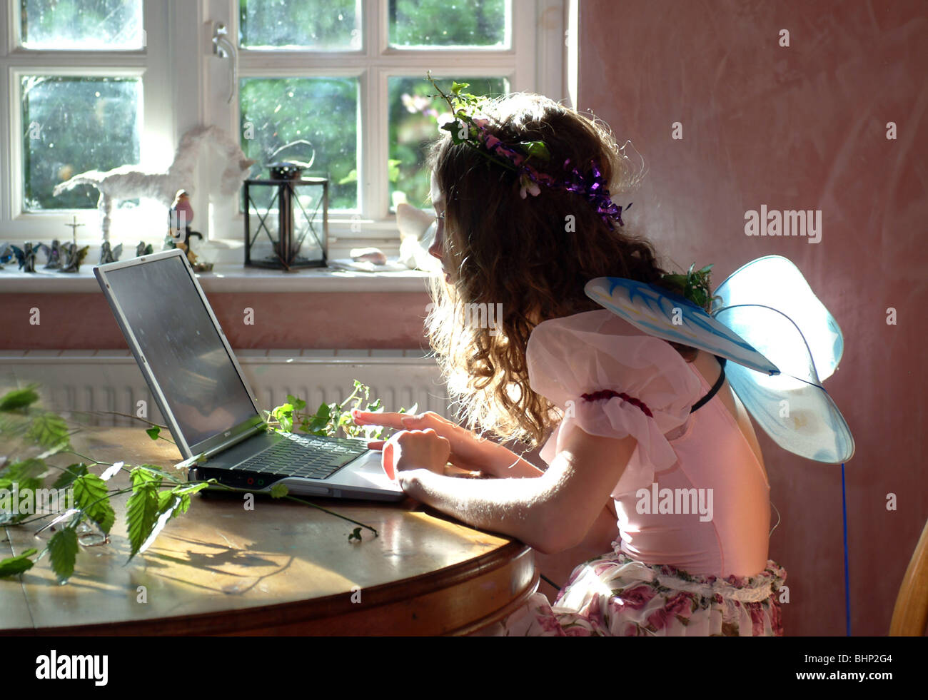 Girl in fairy costume on a laptop Stock Photo