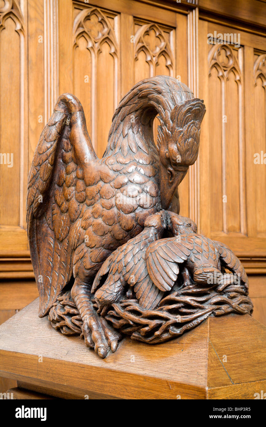 Pelican - symbol of Jesus redeemer - carving from st. Elizabeth church in Vienna Stock Photo