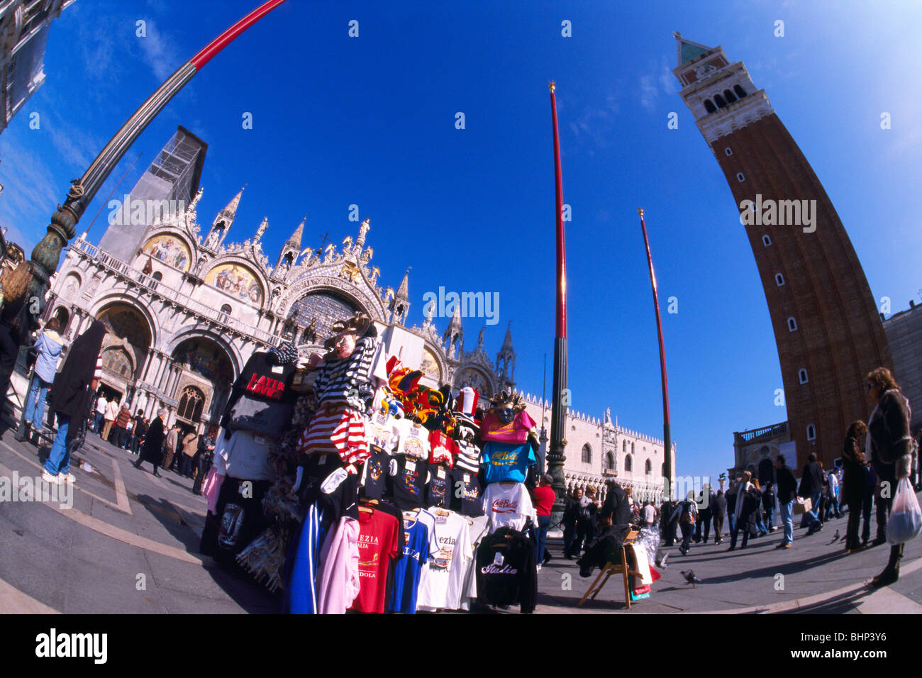 Venice, March 2008 -- Fisheye view of St Mark's Basilica and the Campanile Bell Tower in Venice. Stock Photo