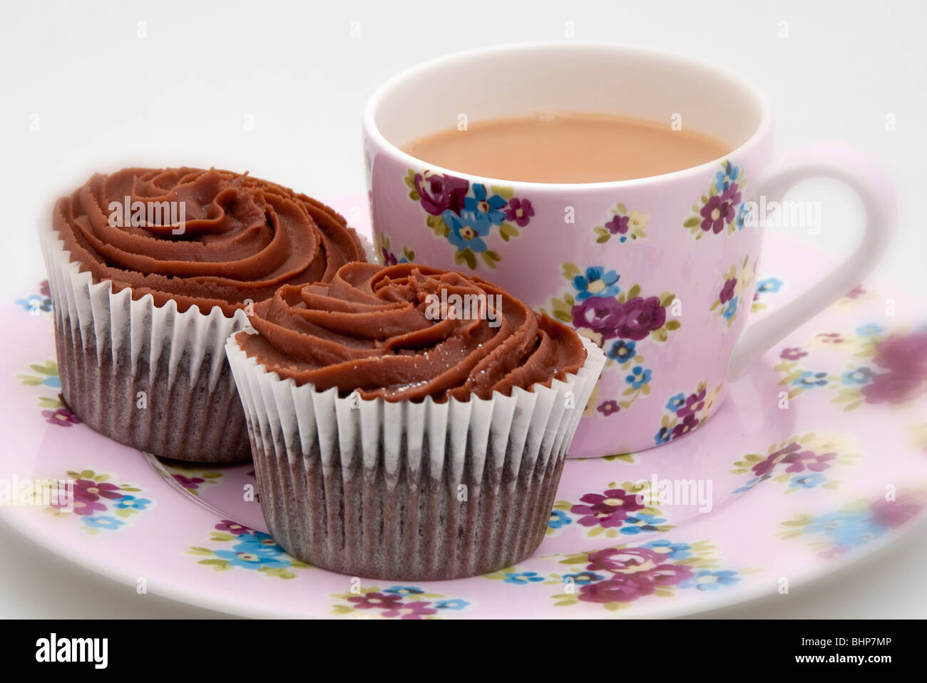 afternoon tea with chocolate cupcakes Stock Photo