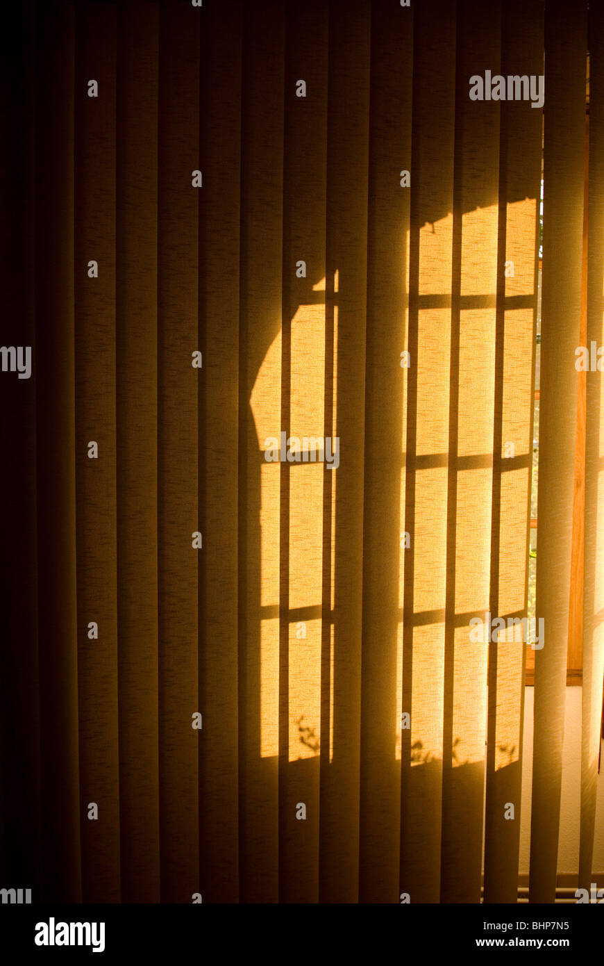 a moody image of a window's shadows falling onto vertical hanging