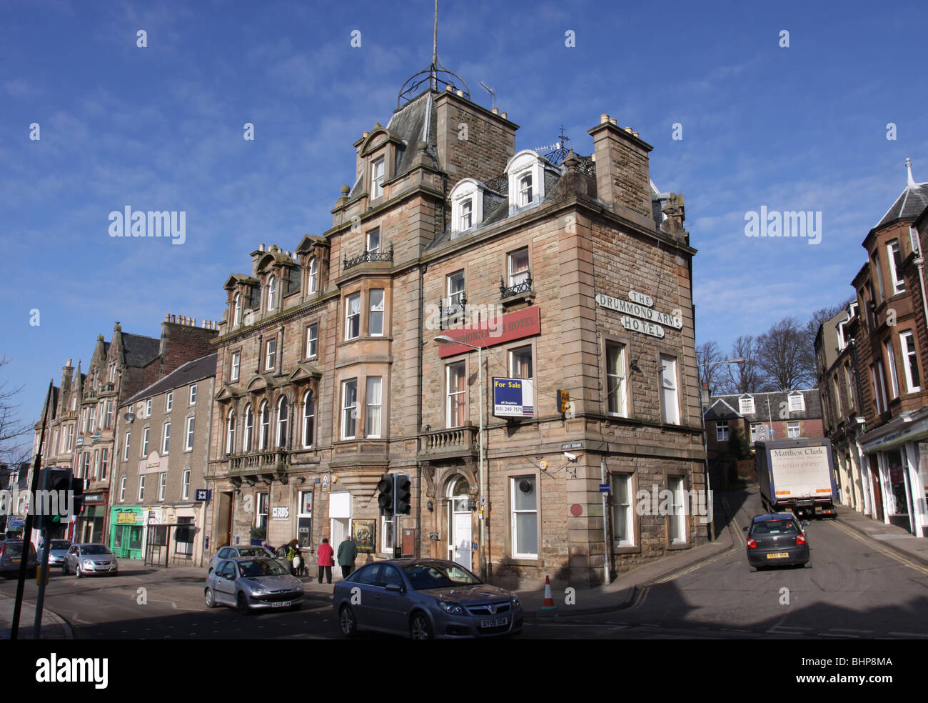 exterior of closed Drummond Arms Hotel Crieff Perthshire Scotland  February 2010 Stock Photo