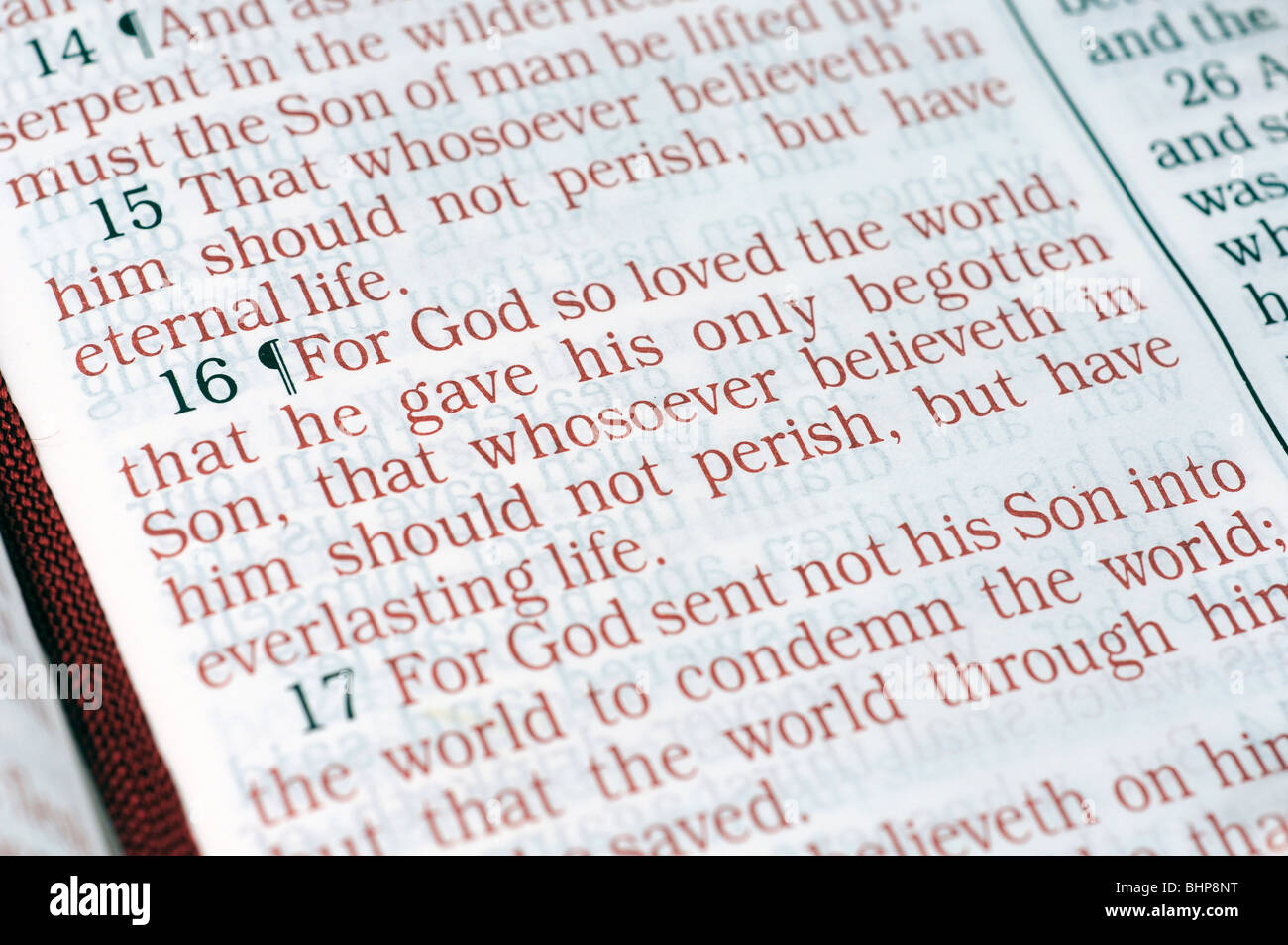 Bible open at Book of John 3:16 - For God so loved the world Stock Photo