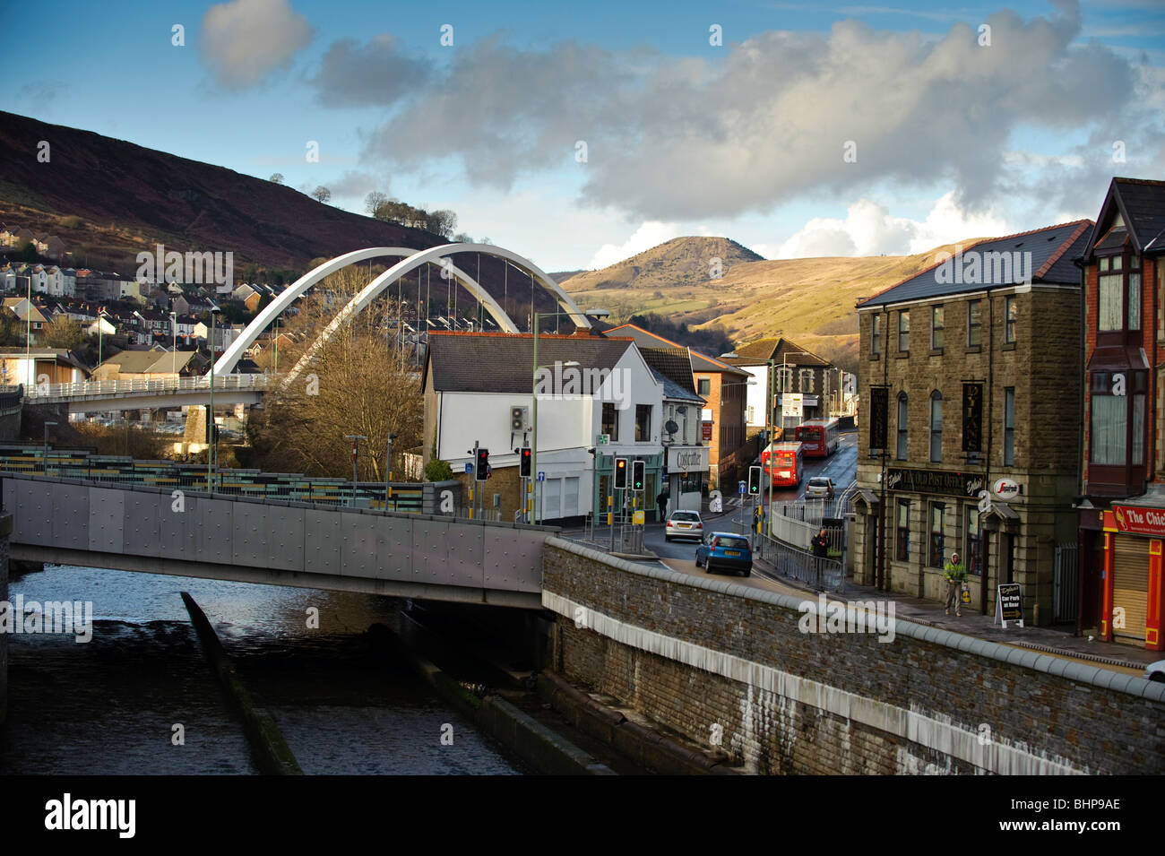 The new Rheola bridge A4233 road, Porth town in the lower Rhondda
