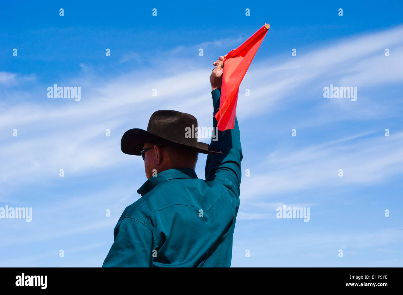 a rodeo judge signals during an event at a rodeo in Arizona Stock Photo