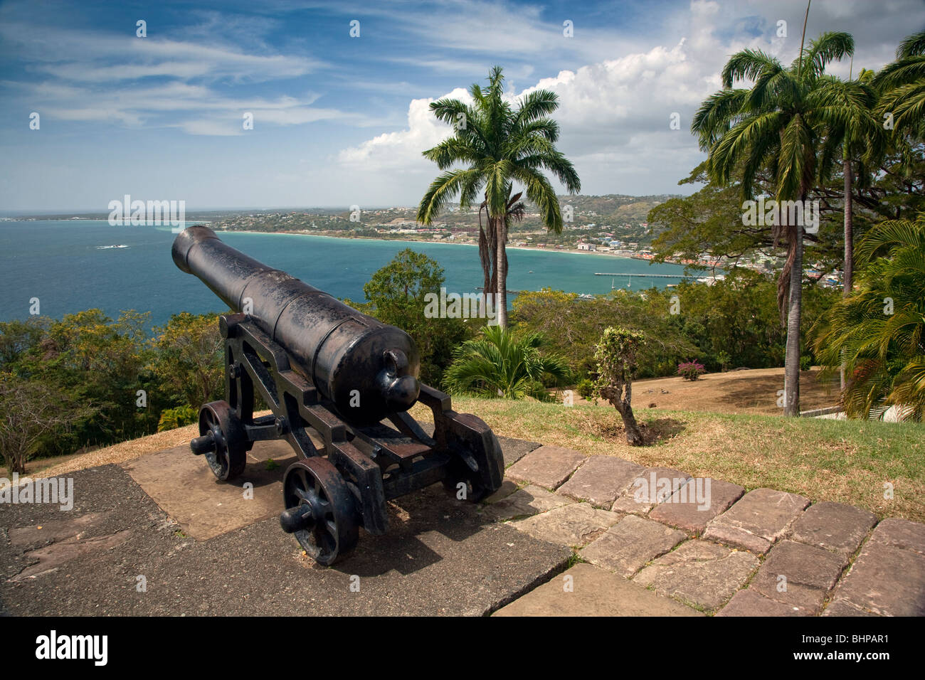 Views over Rockly Bay and Scarborough from Fort King George Tobago. Stock Photo