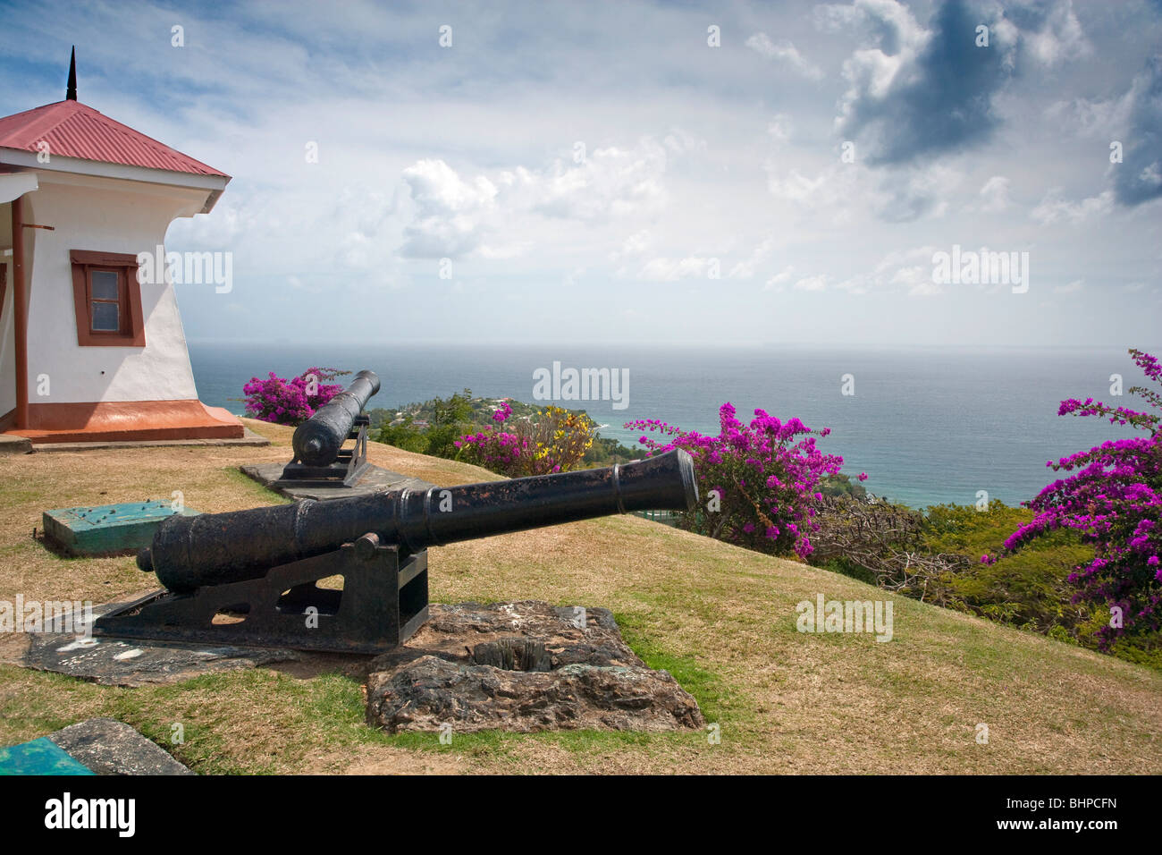 Views over Rockly Bay and Scarborough from Fort King George Tobago. Stock Photo