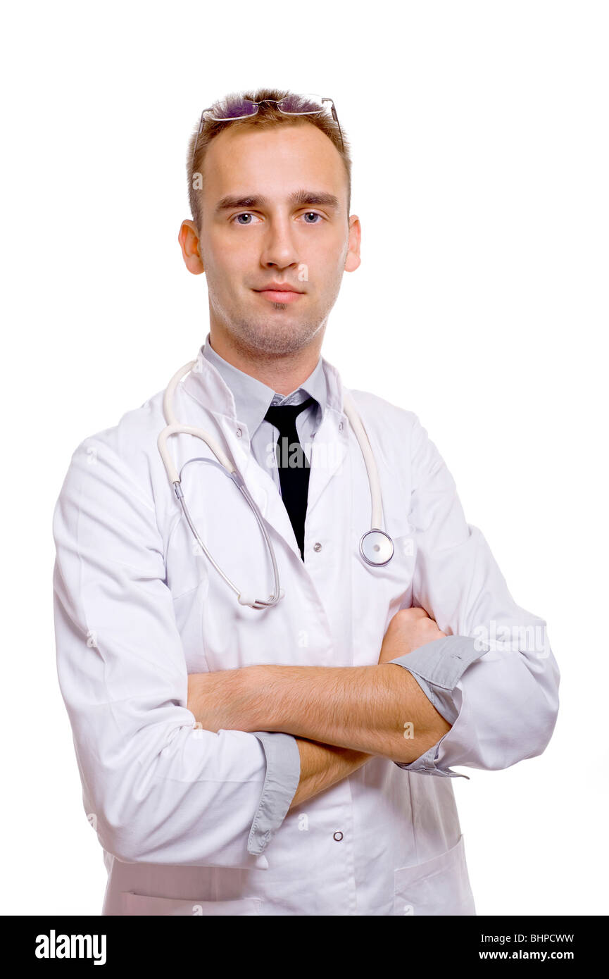 young doctor with arms crossed and stethoscope Stock Photo