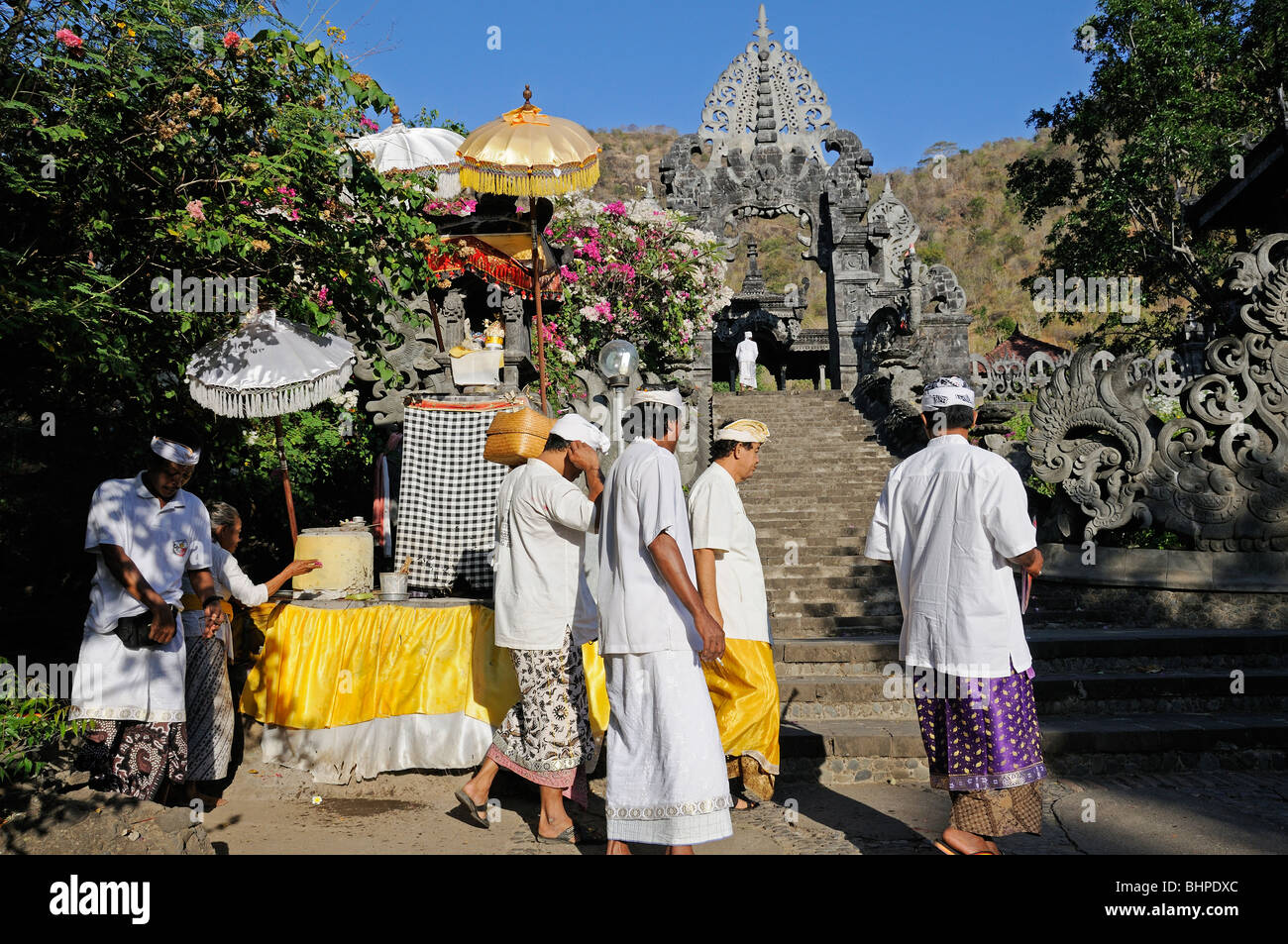 Hindu people walking in Melanting Temple, Pemuteran, Bali, Indonesia Stock Photo