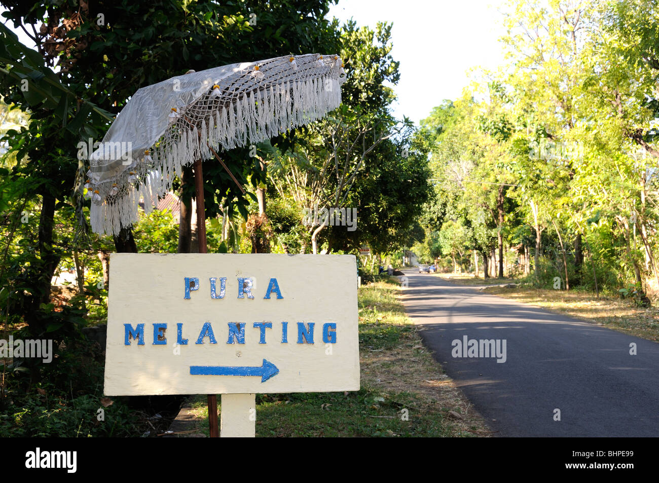 sign to balinese temple, Melanting Temple, Pemuteran, Bali, Indonesia Stock Photo