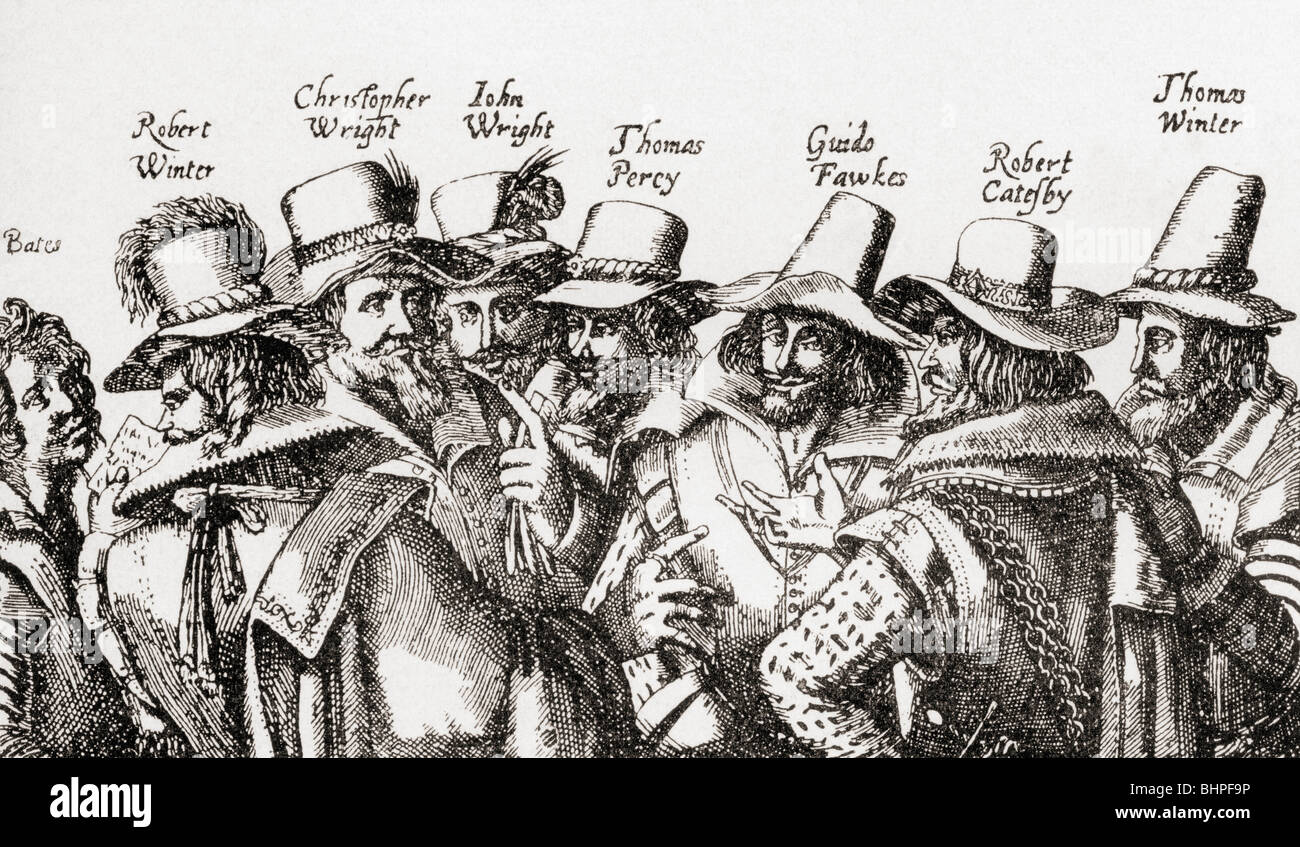 The Gunpowder Plotters.  Guy Fawkes and fellow plotters. Stock Photo