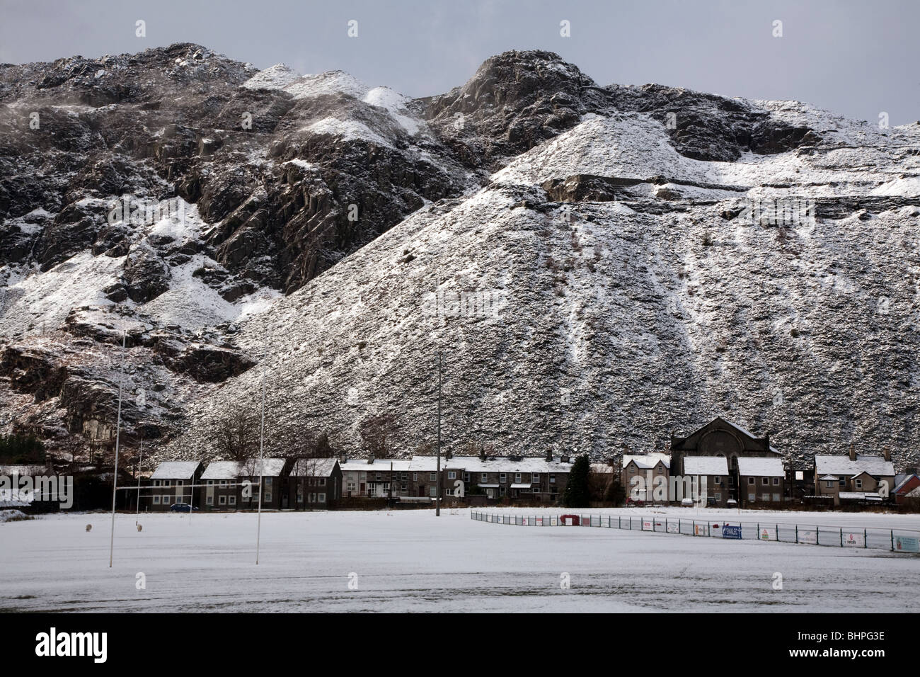 Blaenau Ffestiniog rugby field and slate tips under snow during