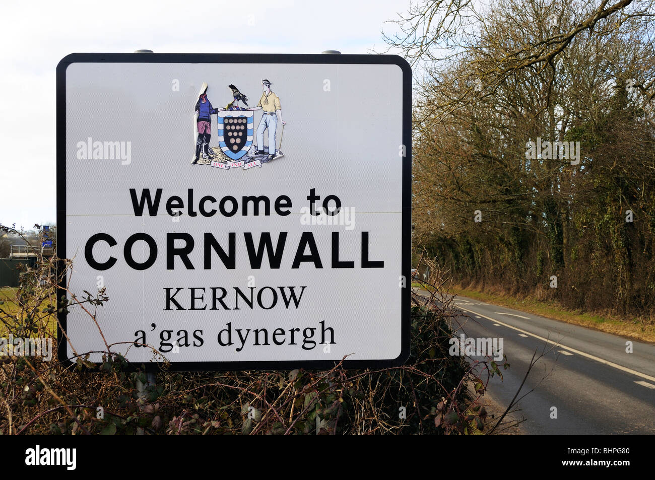 a ' welcome to cornwall ' sign at launceston,cornwall,uk Stock Photo