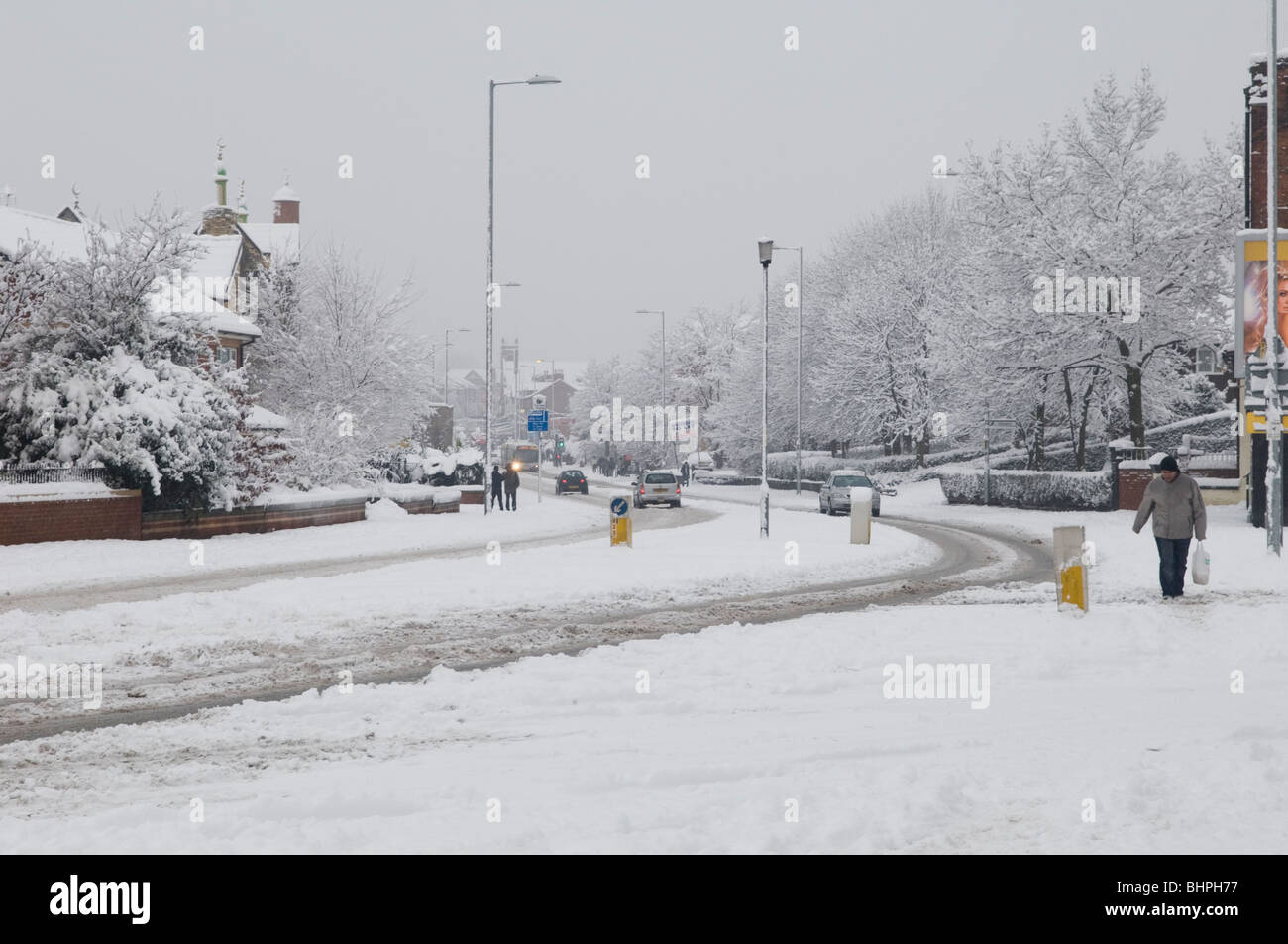 Severe snow storm on Cheetham hill road Manchester UK Stock Photo