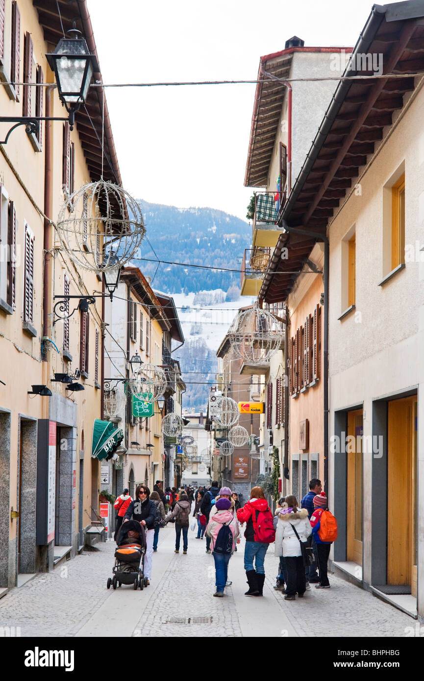 Main street in the centre of the historic spa town of Bormio, Italy Stock Photo