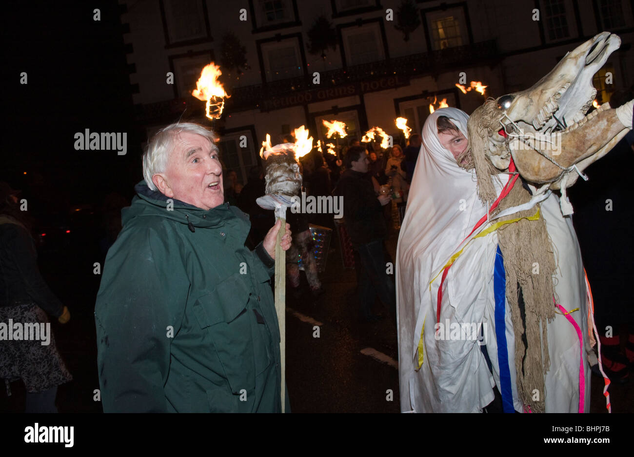 Mari Lwyd, horses skull, in New Years Eve celebrations in Llanwrtyd Wells Powys Mid Wales UK Stock Photo