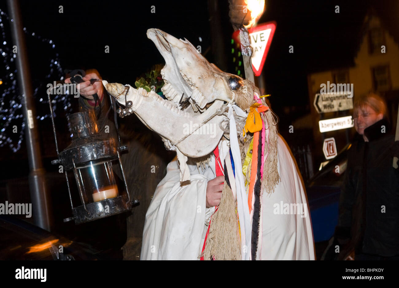 Mari Lwyd, horses skull, in New Years Eve celebrations in Llanwrtyd Wells Powys Mid Wales UK at Stock Photo