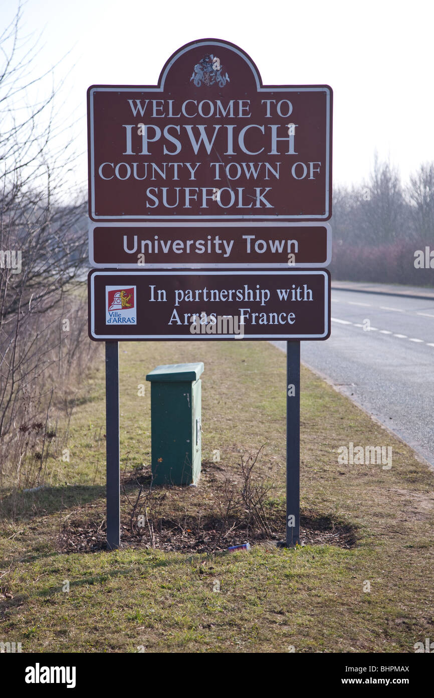 Road Signs advising Travelers & Tourists that they are entering Ipswich the Country Town of Suffolk Stock Photo