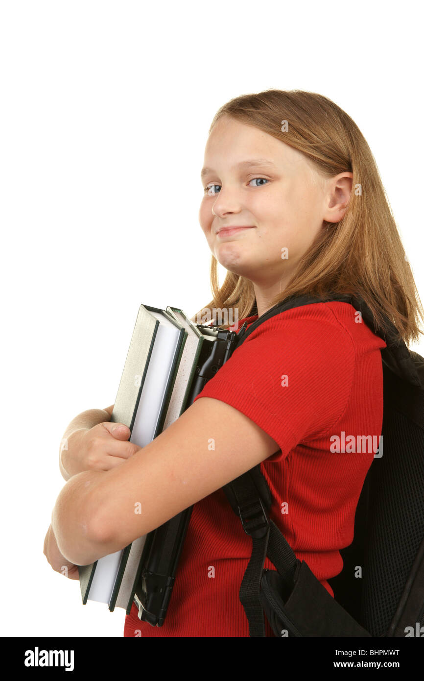 girl ready for school with books and laptop Stock Photo