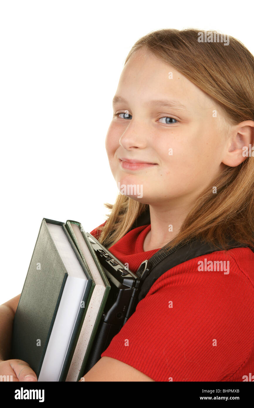 girl ready for school with books and laptop Stock Photo