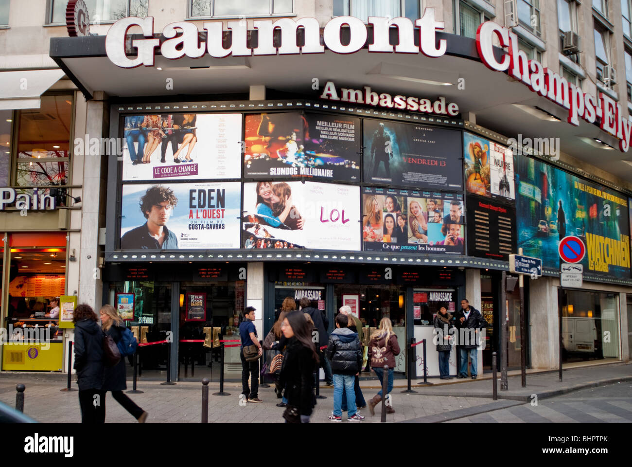 Paris, France, Street Scene, Gaumont Cinema Theater,  French Movie Theatre Exterior, Movie Posters, Avenue Champs-Elysees, Front, French films marquee Standing outside Stock Photo
