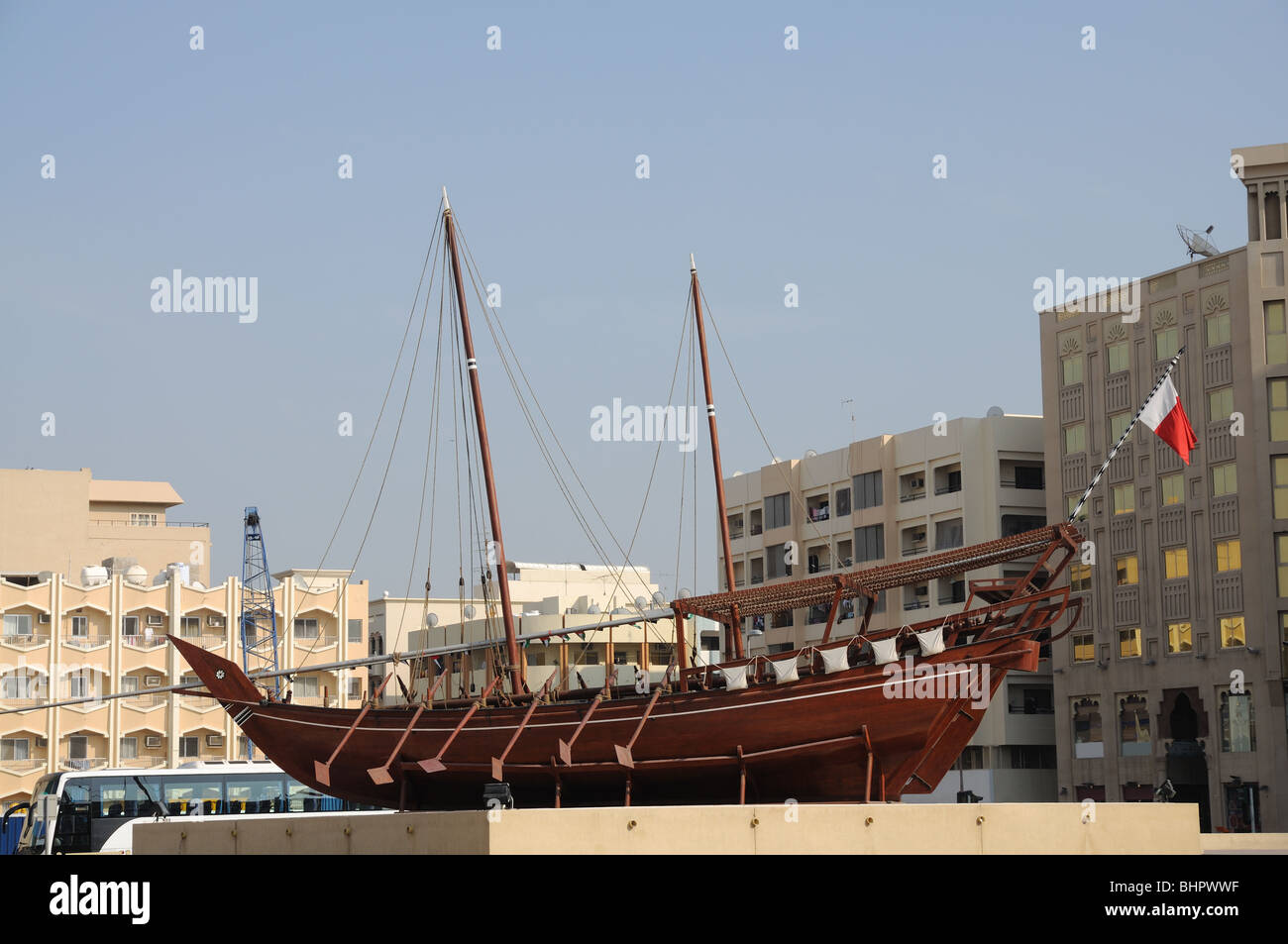 Traditional wooden arabic ship at Dubai Museum, United Arab Emirates Stock Photo