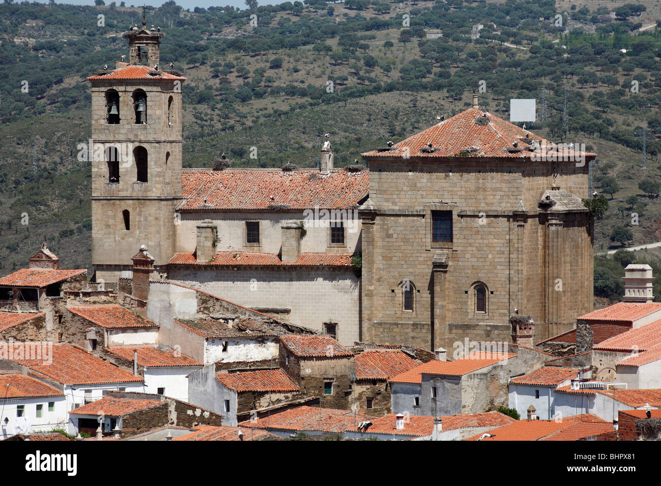 Church with white stork's nest on roof, Alcantara, Extremadura, Spain Stock Photo