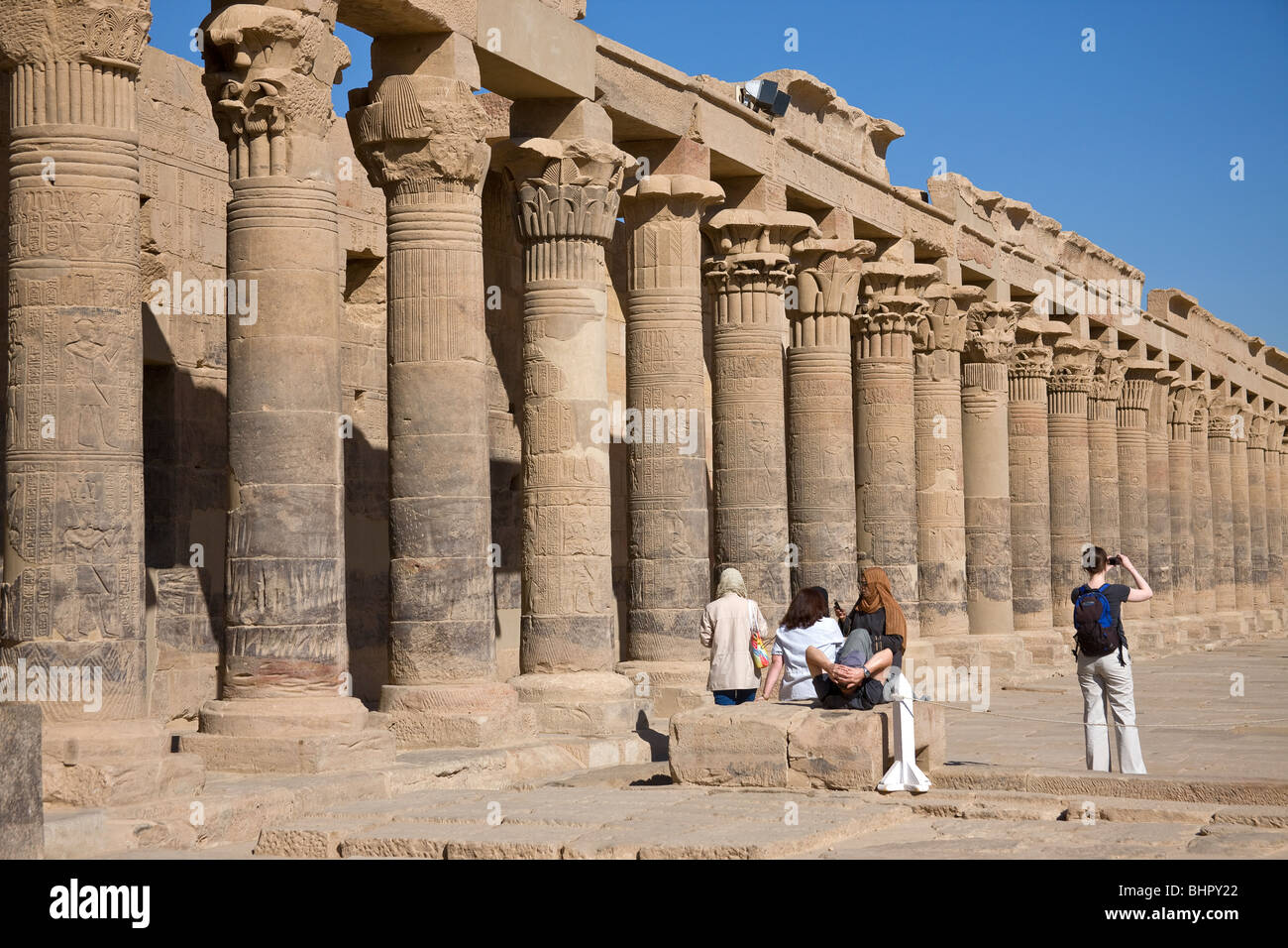 Elegant colonnades in the Ptolemaic temple of Philae. Stock Photo