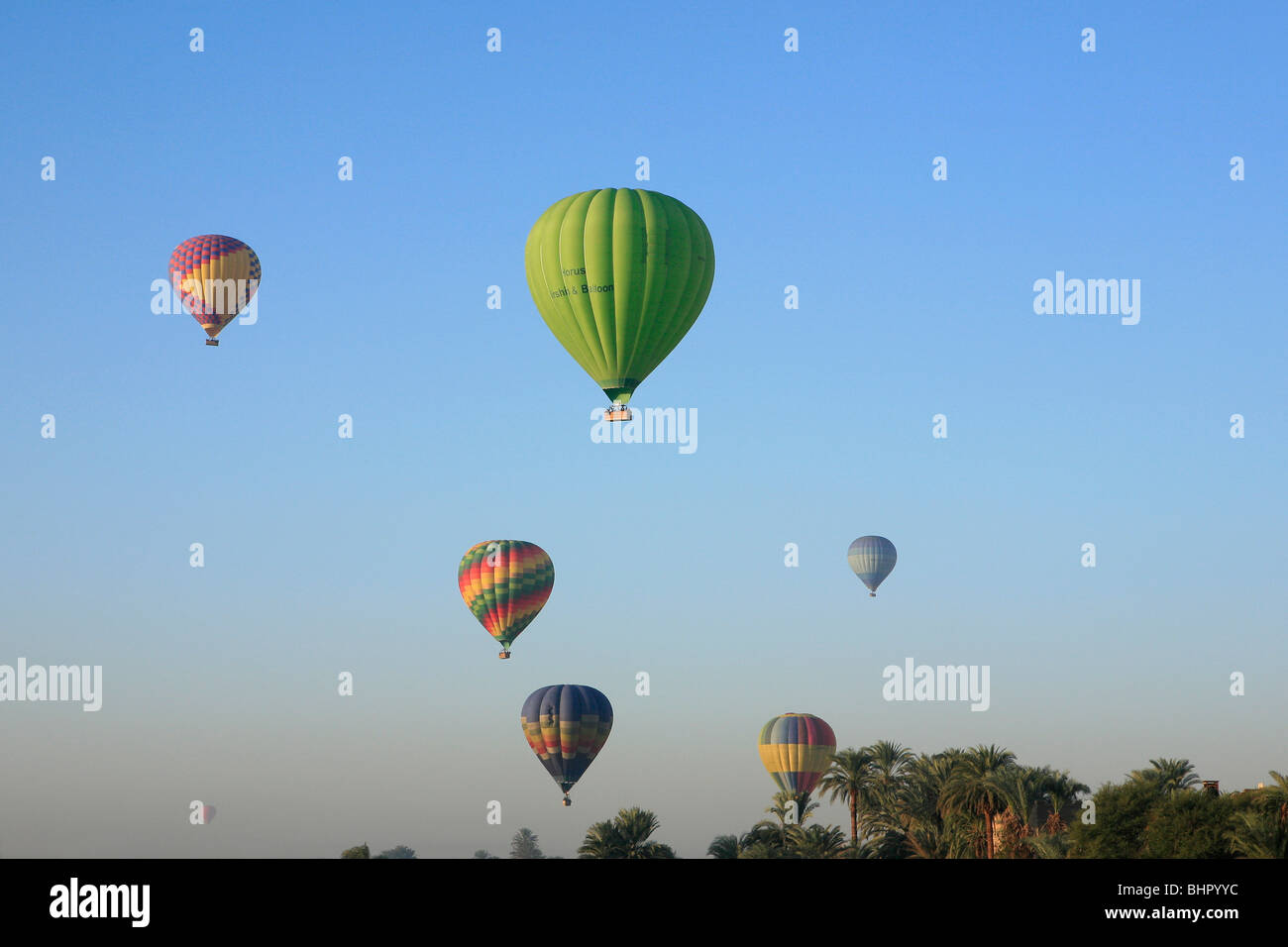 Hot air balloon flight over the West Bank of the Nile River in Luxor, Egypt Stock Photo