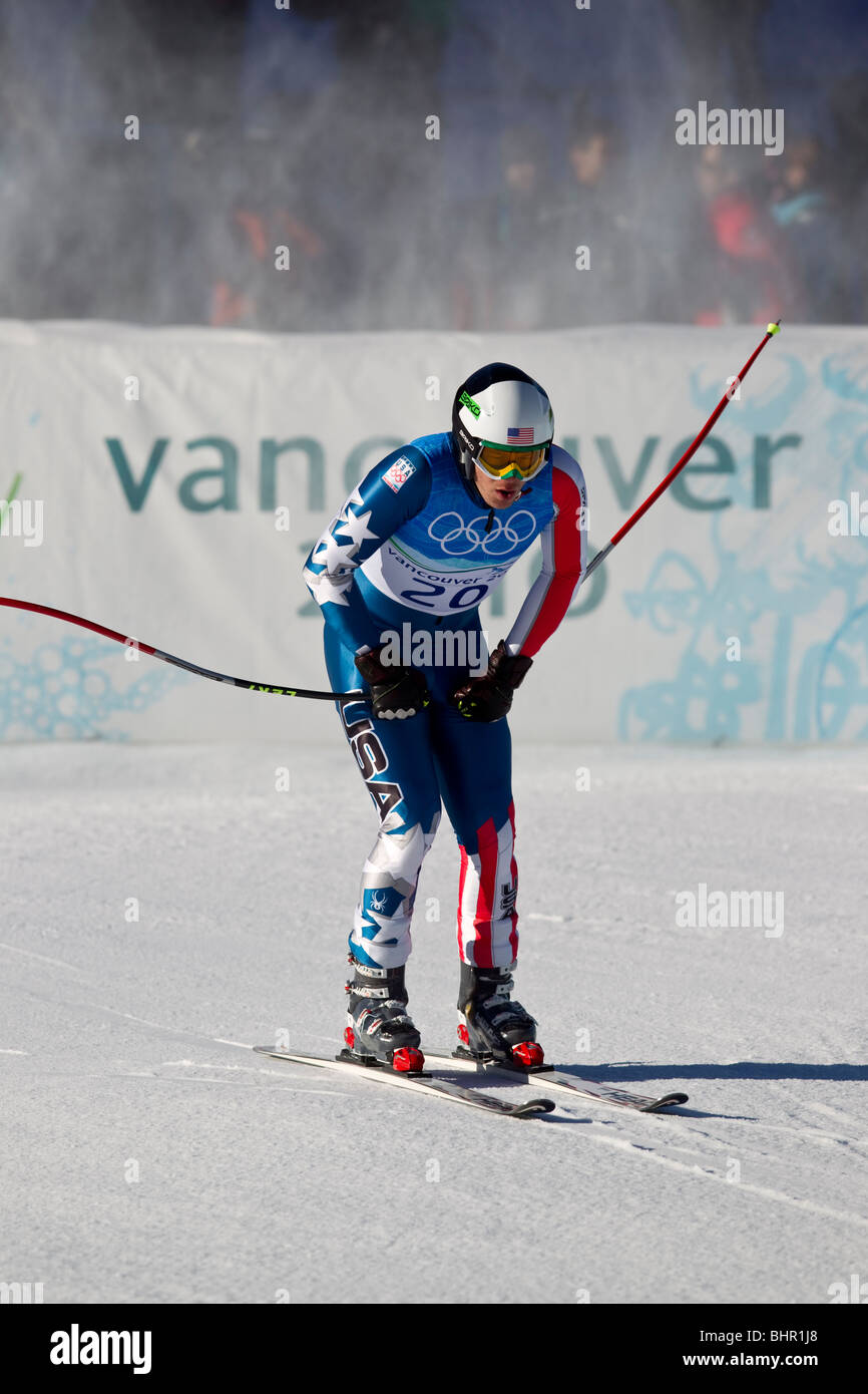 Bode Miller ( USA) gold medal winner, finishing the slalom portion of the Alpine Skiing Men's Super Combined at the 2010 Olympic Stock Photo
