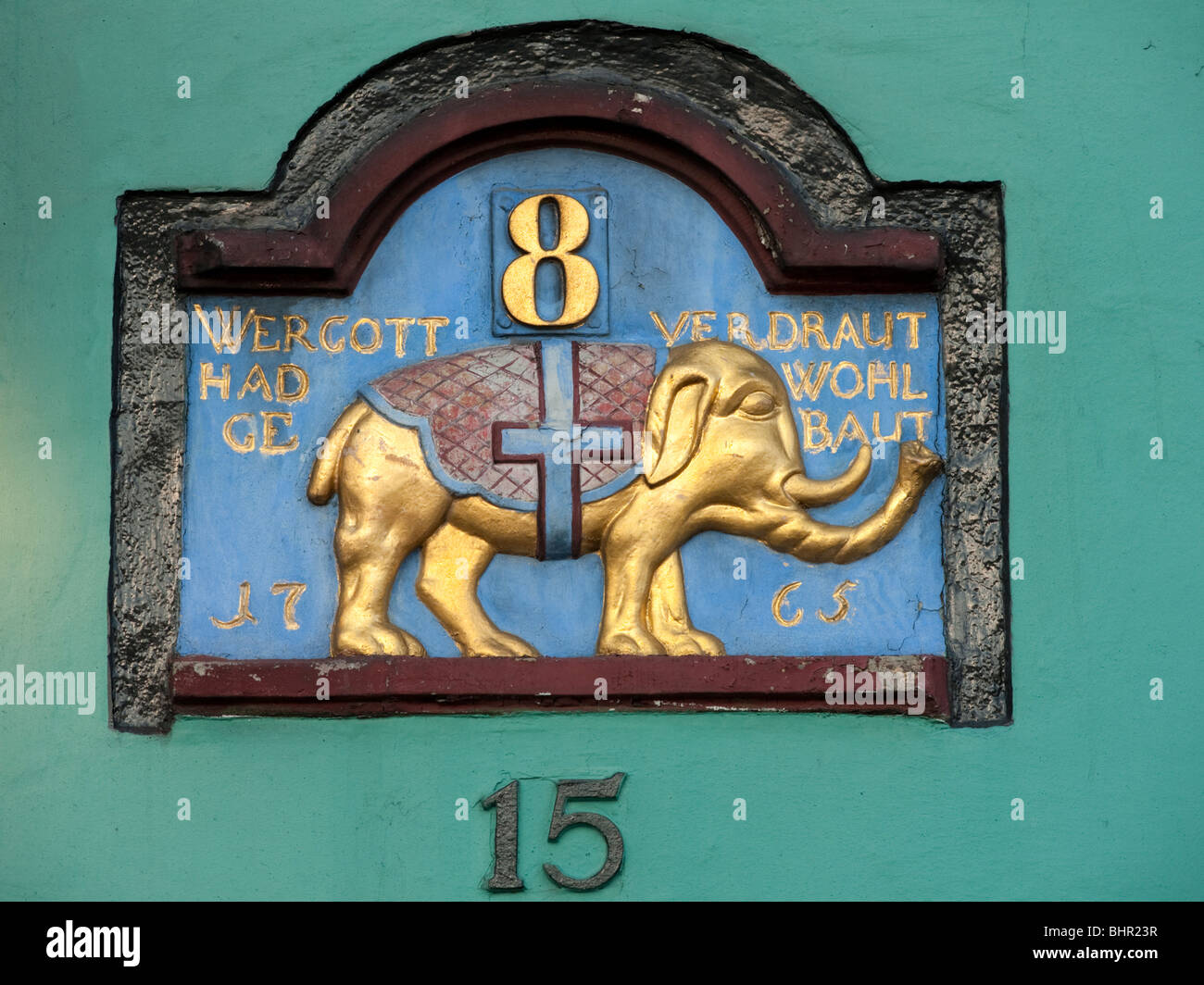 Detail of old sign on wall of building on Nyhavn in Copenhagen in Denmark Stock Photo