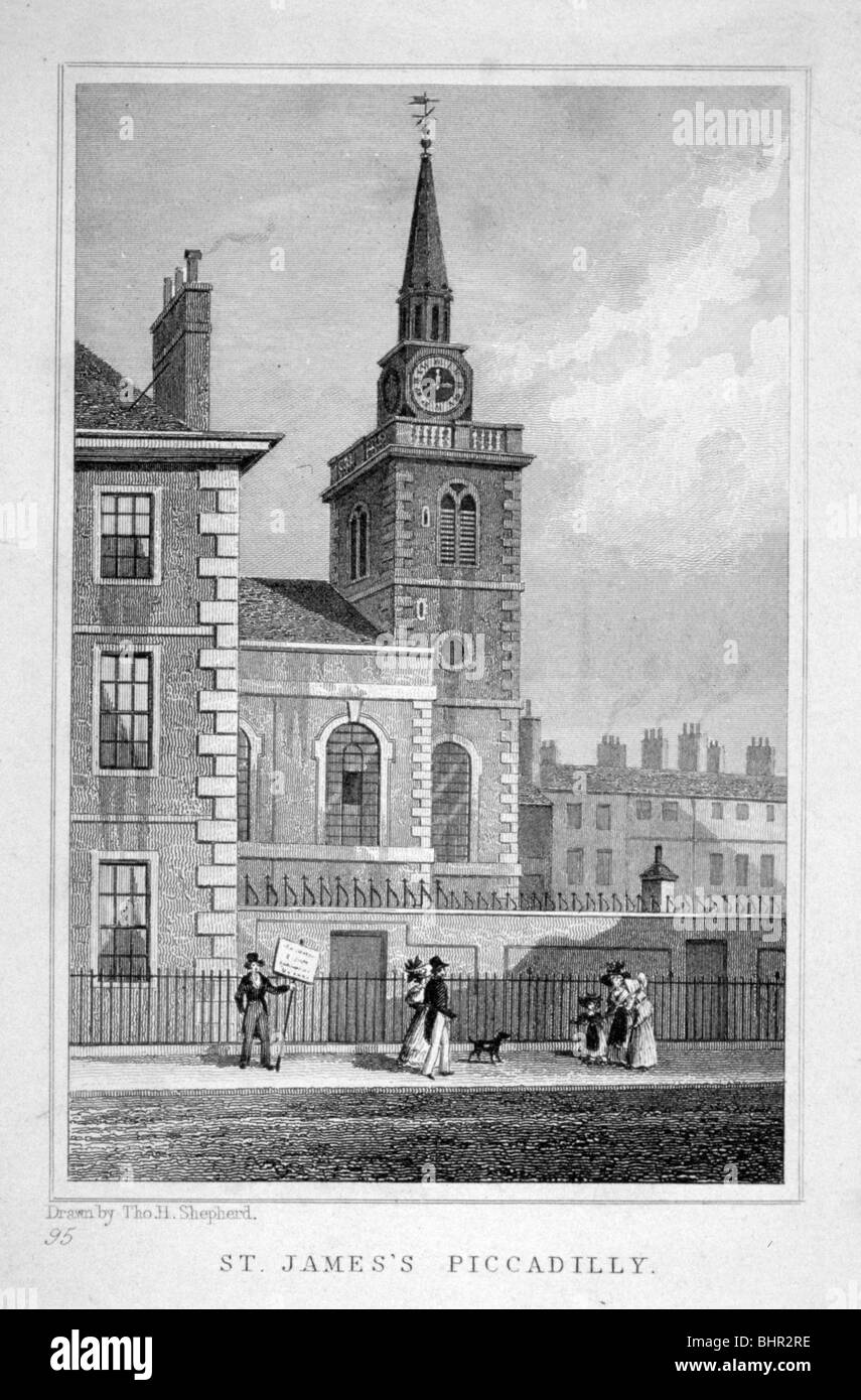 View of the north-western end of St James's Church, Piccadilly, London, c1827.                       Artist: Thomas Barber Stock Photo