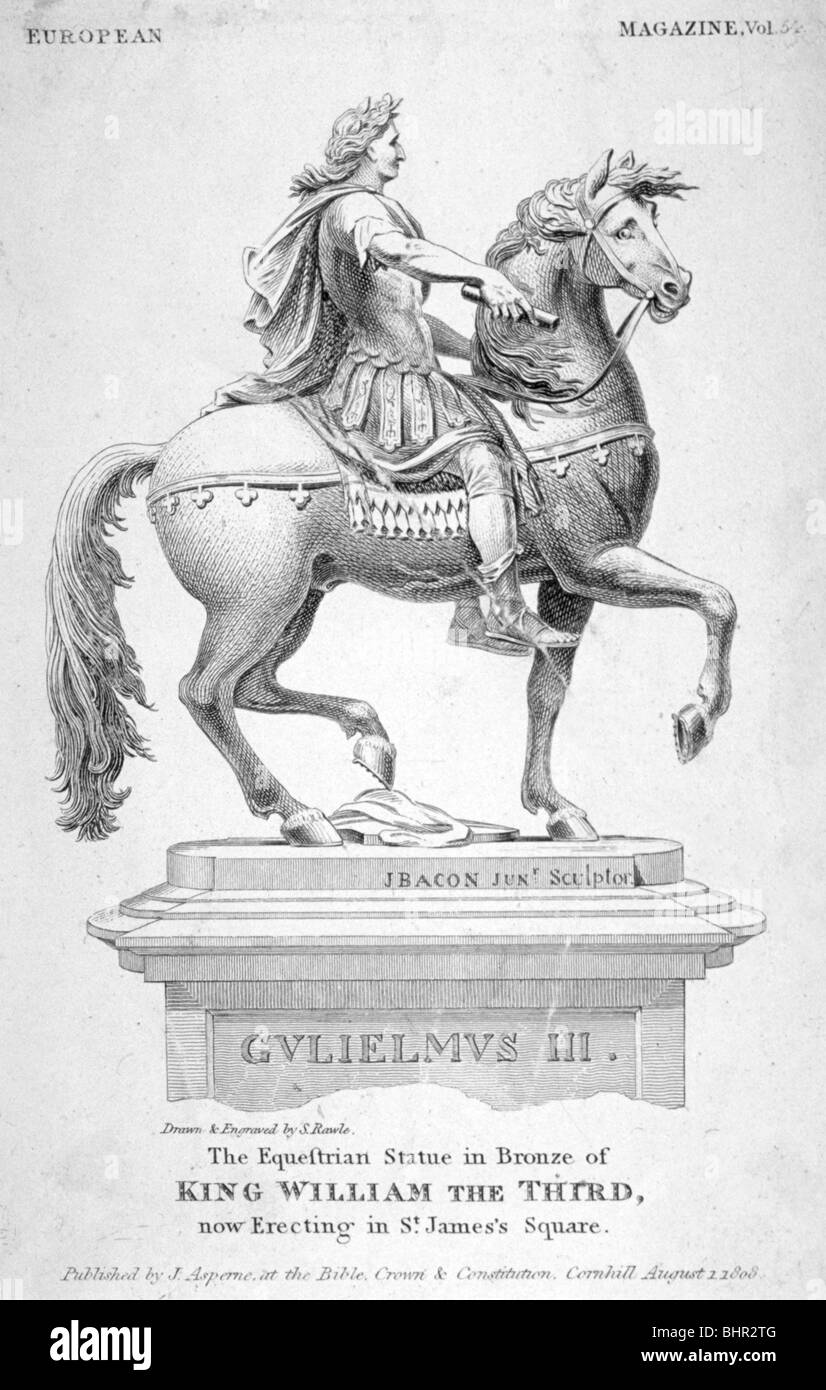 The equestrian statue of King William III in St James's Square, London, 1808.                        Artist: Samuel Rawle Stock Photo