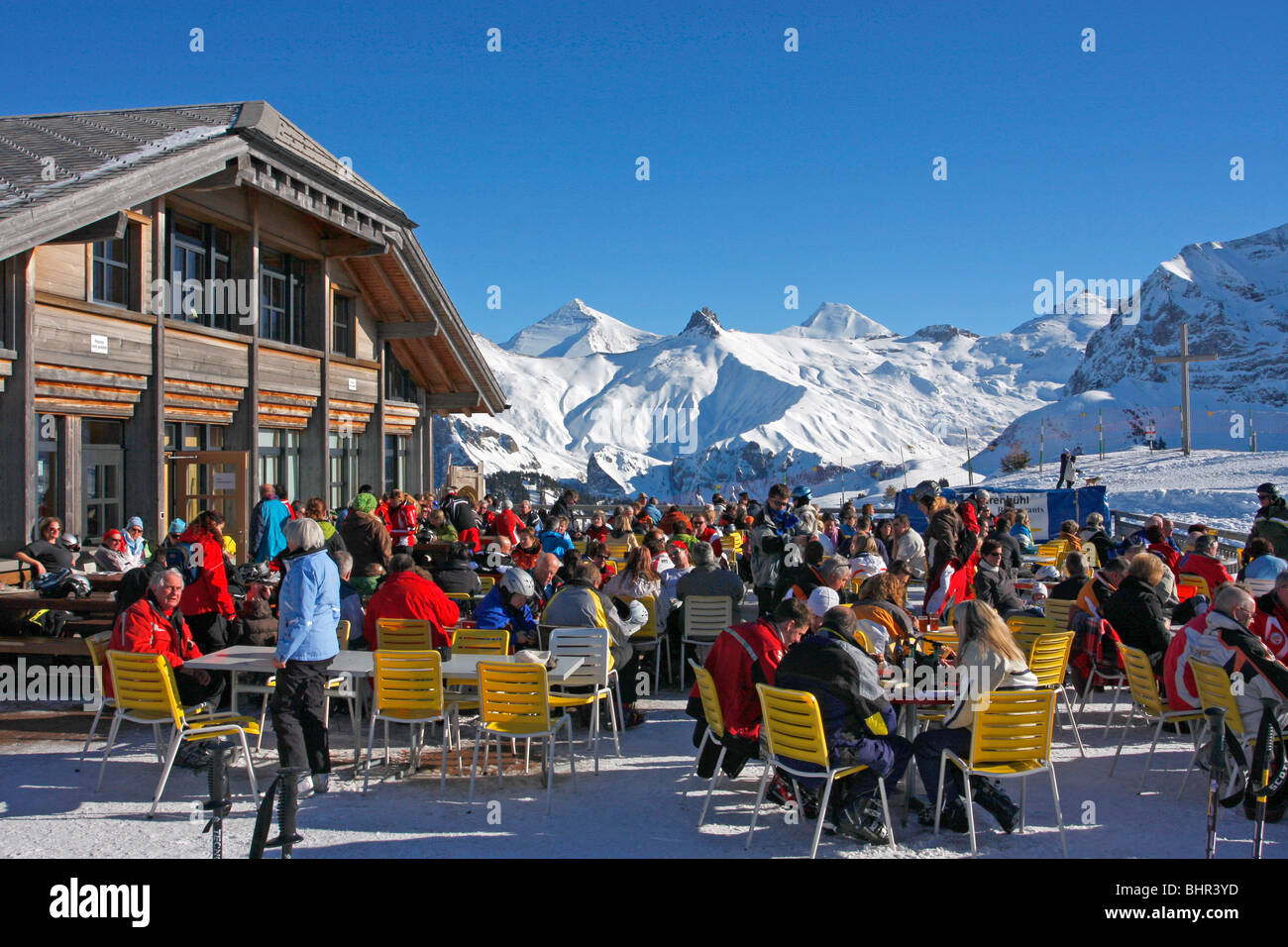 Skiing in Adelboden, Switzerland. SillerenbühlStube/Restaurant Stock