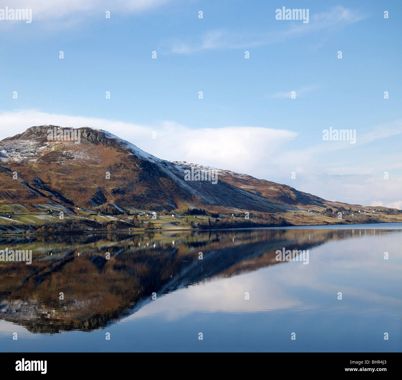 Mirror image of the south side of Loch Broom, Ullapool, North West Scotland Stock Photo