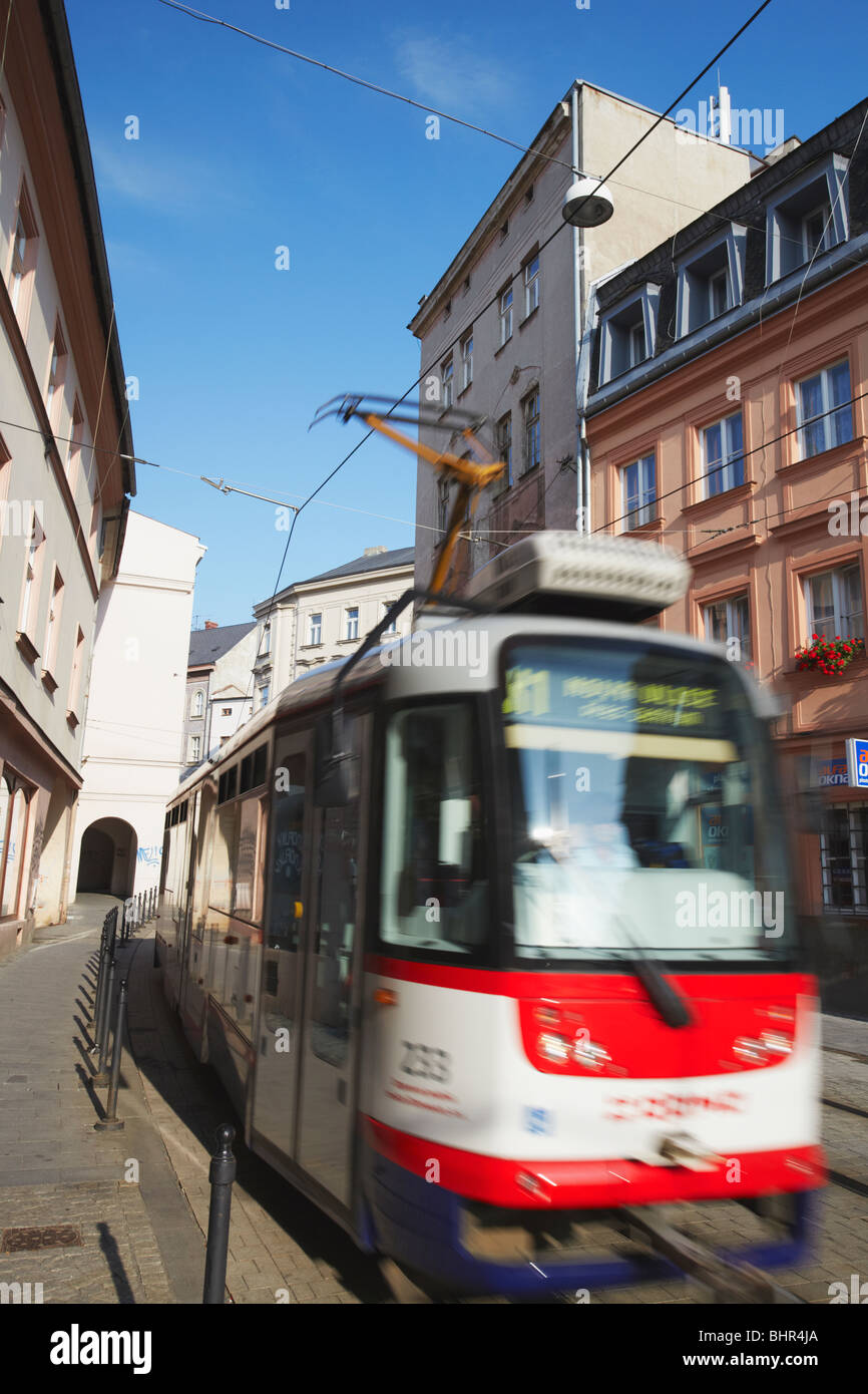 Tram On Street, Olomouc, Moravia, Czech Republic, Eastern Europe Stock Photo