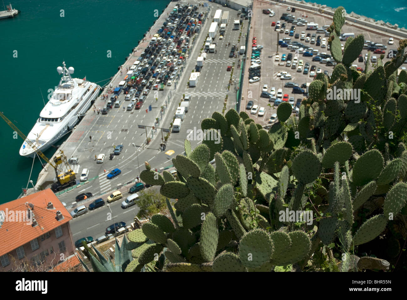 View of Nice Ferry arriving from Corsica into Port Lympia. Viewed from Castle Hill, Nice, France