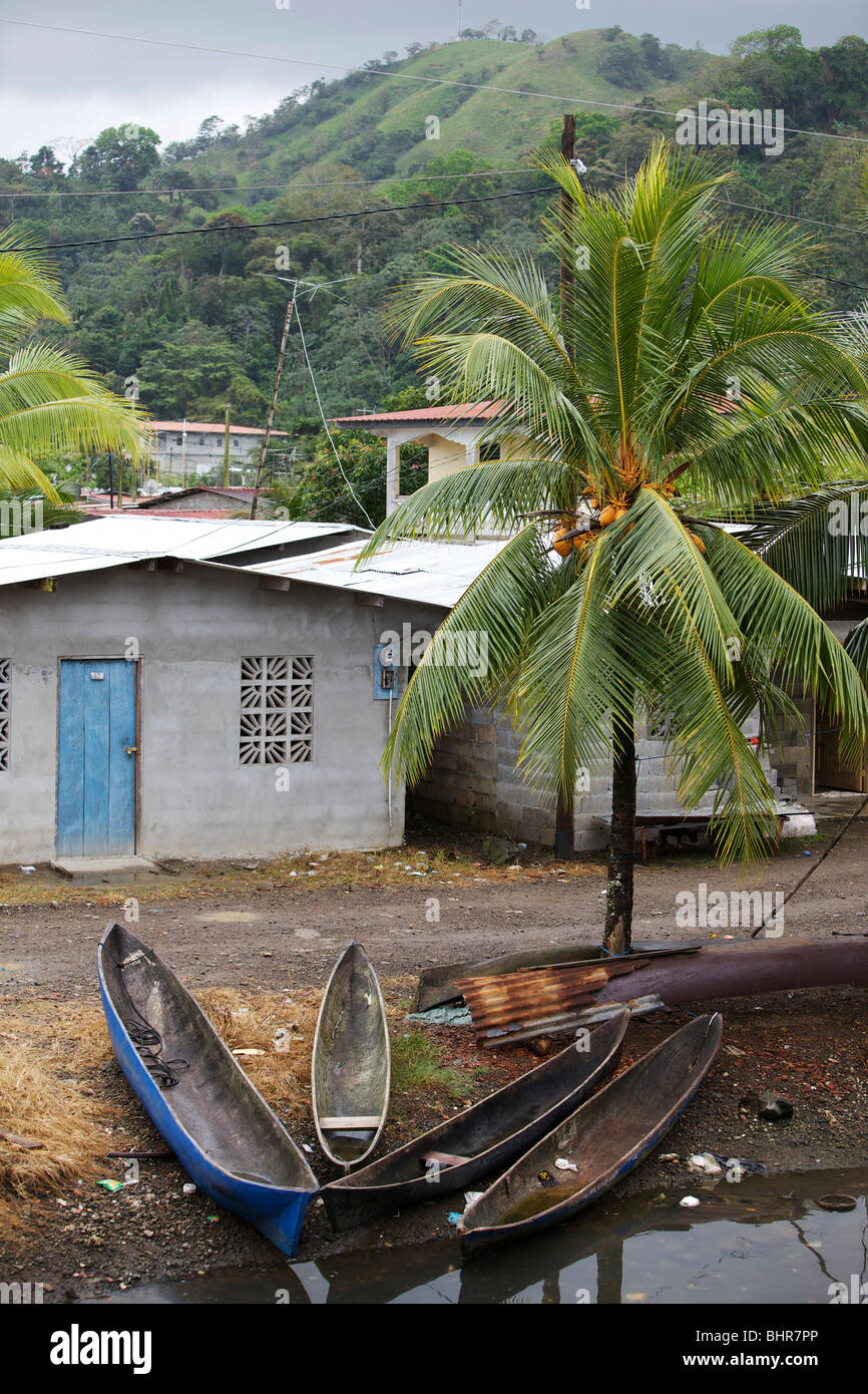 Fan arrangement of fishing boats under a palm tree in Portobelo, Panama Stock Photo Alamy