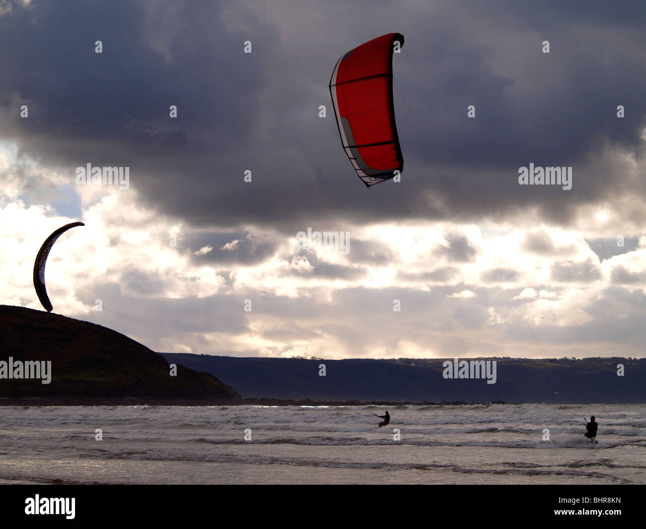 Kite surfers, winter surfing, Westward Ho!, Devon Stock Photo