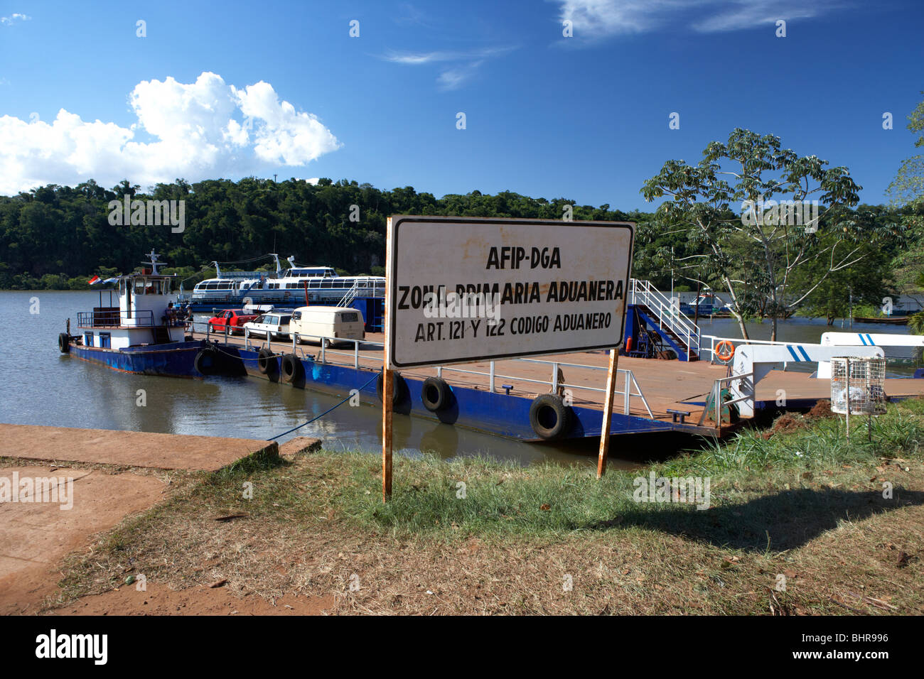 border customs zone on river iguazu ferry crossing from argentina to paraguay puerto iguazu argentina Stock Photo