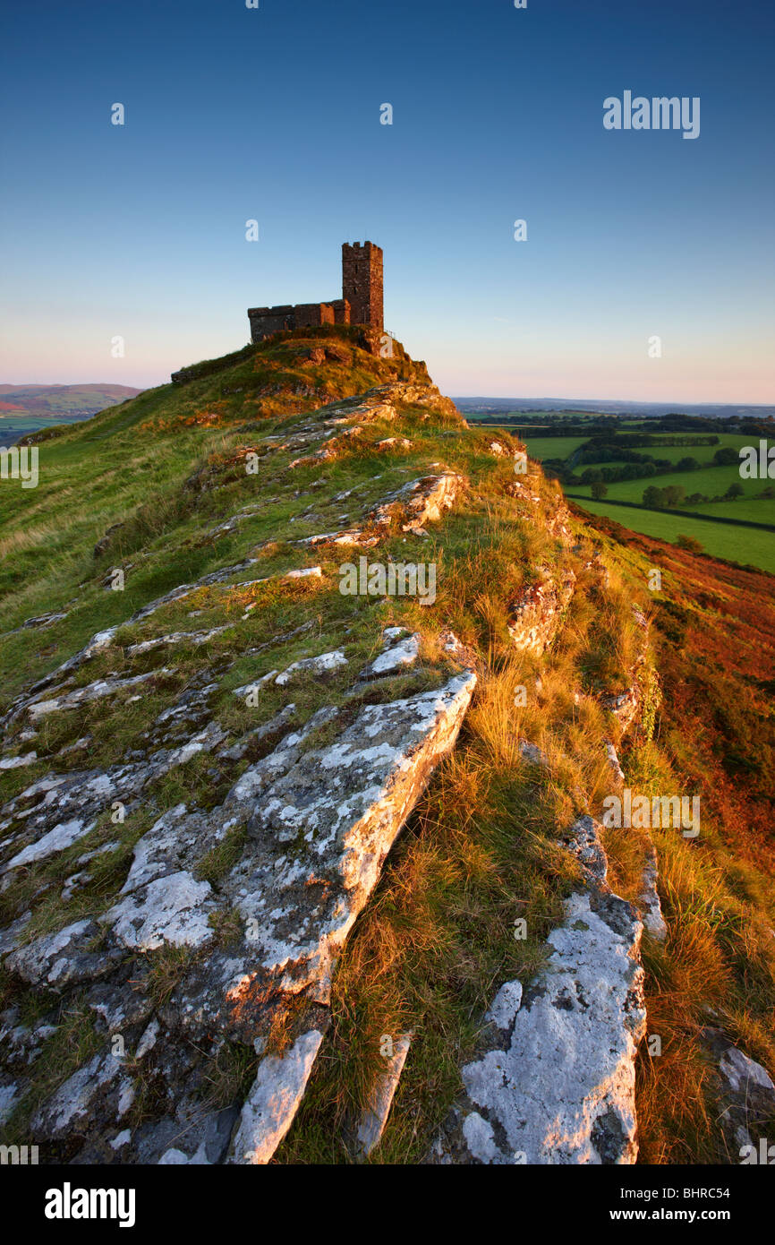 A place of worship, Brentor church situated on rocky outcrop overlooking Dartmoor National Park Stock Photo
