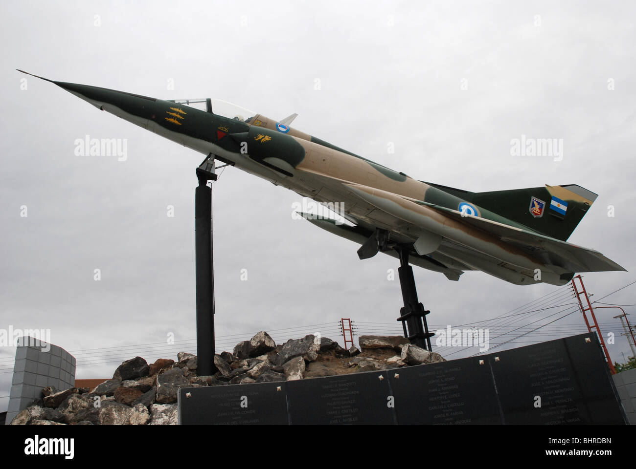Super Etendard jet mounted as a monument to the Falklands war of 1982 located in San Julian, Argentina. Claimed to the the first Stock Photo